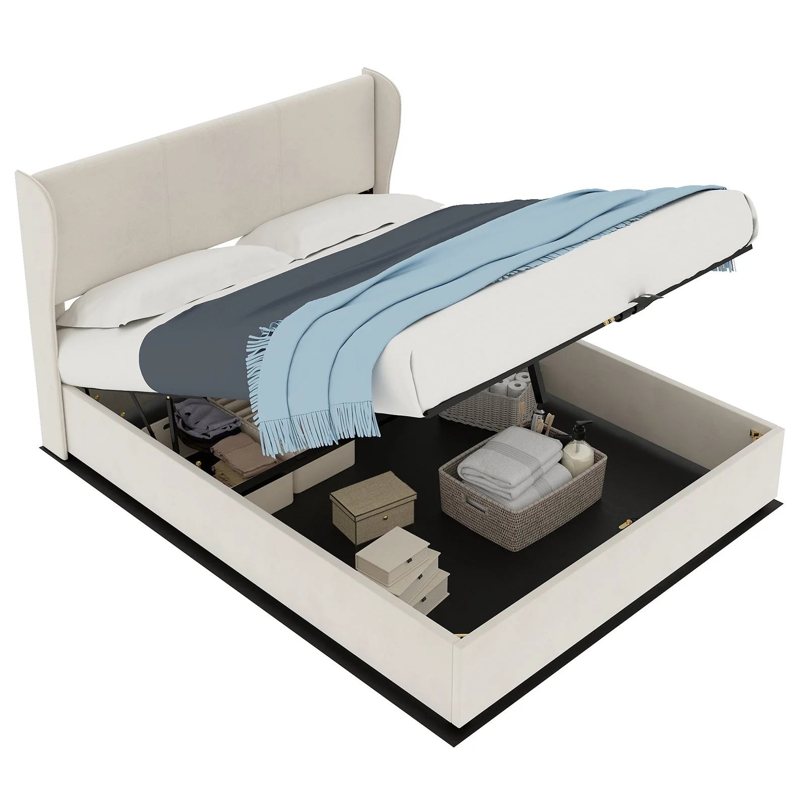 Modern Minimalist Upholstered Bed, 140x200 cm with Gas Lift Storage and Headboard, Beige - Image 2