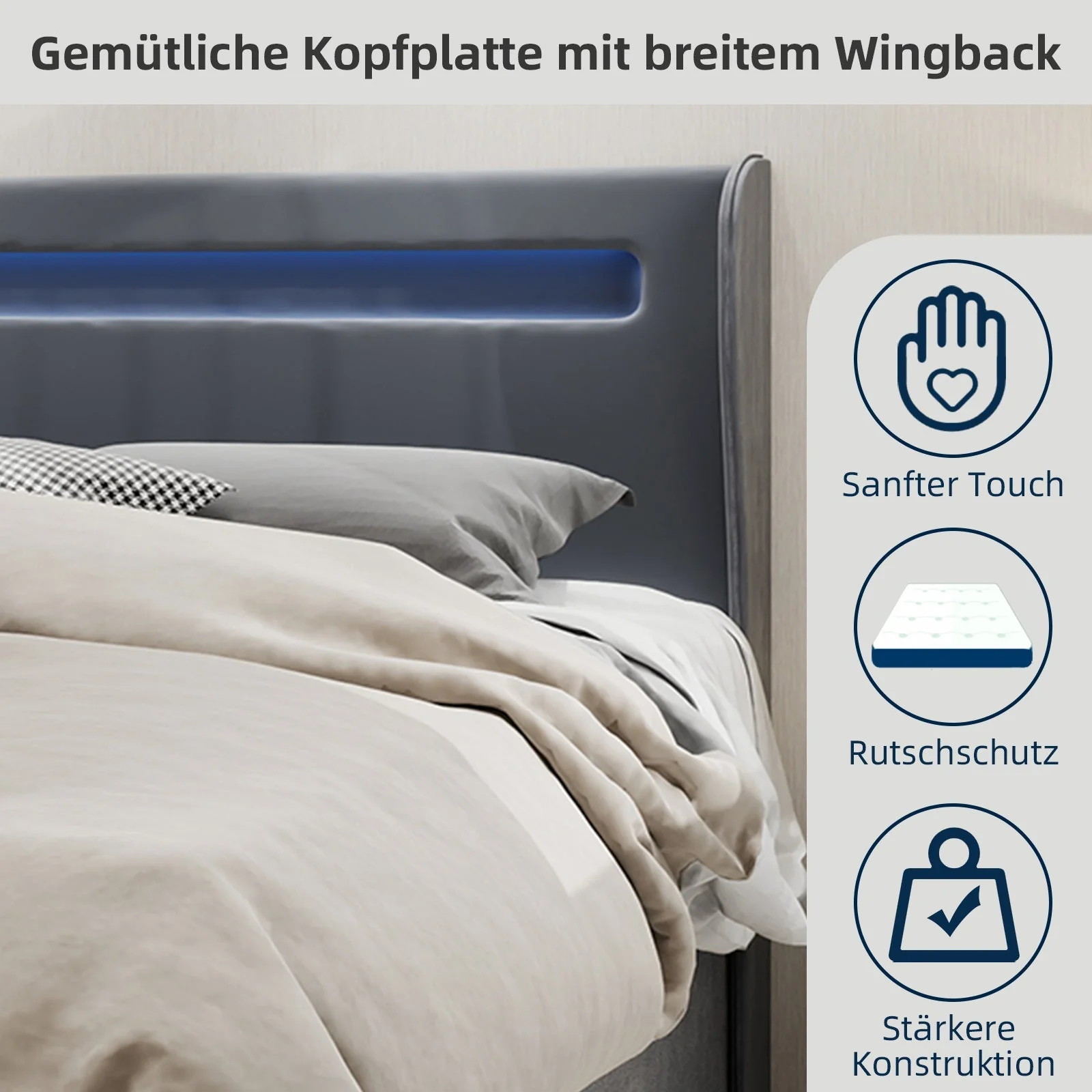 Modern Minimalist Upholstered Bed, LED Headboard, 140x200cm, Grey - Image 9