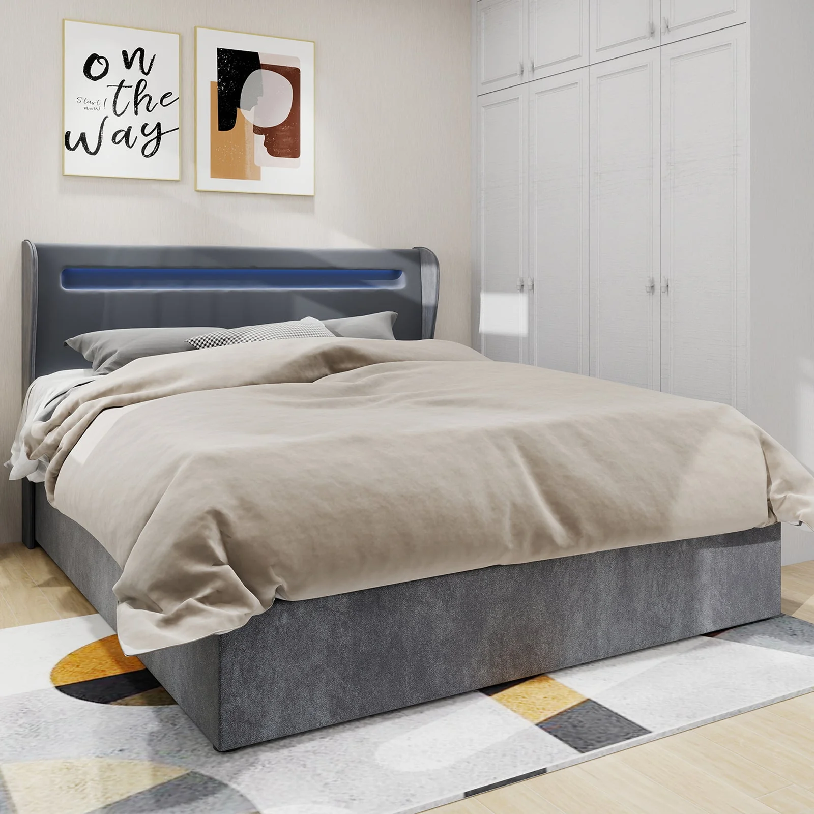 Modern Minimalist Upholstered Bed, LED Headboard, 160x200cm, Grey - Image 5