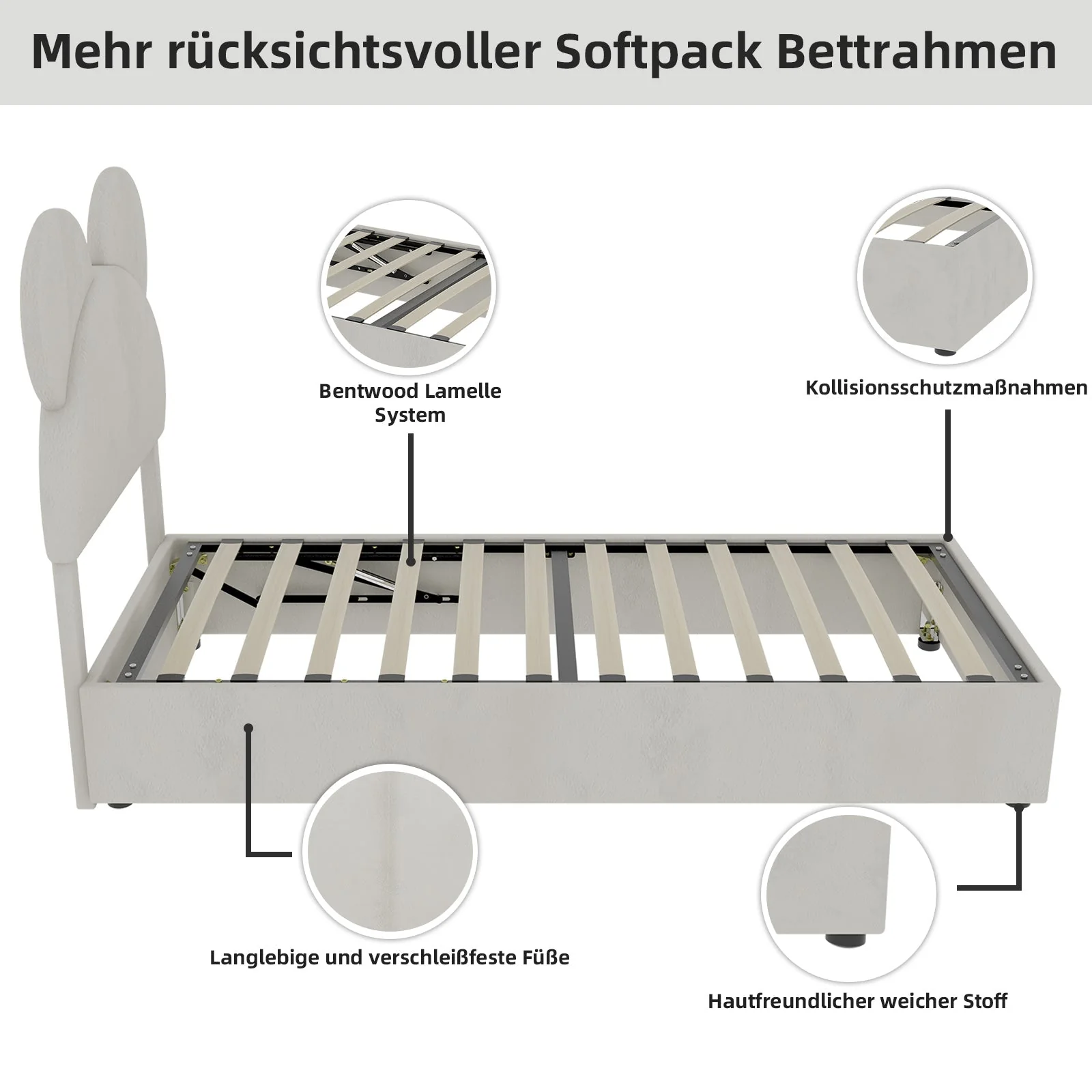 Modern Minimalist Upholstered Bed, Soft Cartoon-Design Headboard, Storage Base, Beige - Image 4