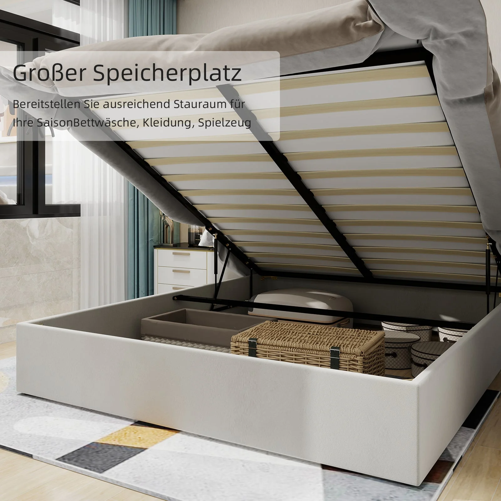 Modern Minimalist Upholstered Bed, Soft Cartoon-Design Headboard, Storage Base, Beige - Image 7