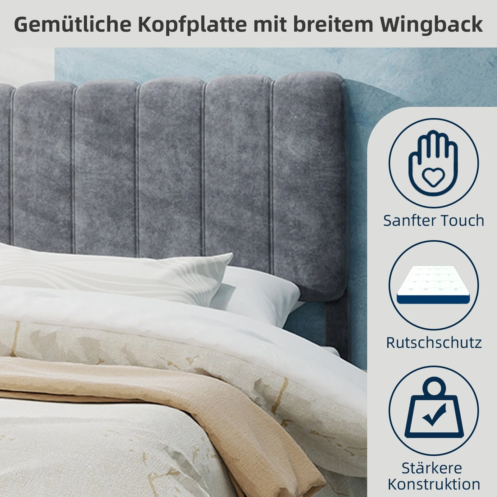Modern Minimalist Upholstered Bed, Soft Headboard, 160x200 cm, Grey - Image 6