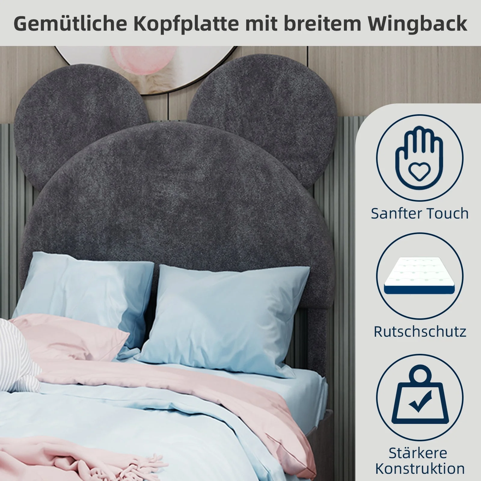 Modern Minimalist Upholstered Bed with Cartoon Headboard, 140x200 cm, Grey - Image 4