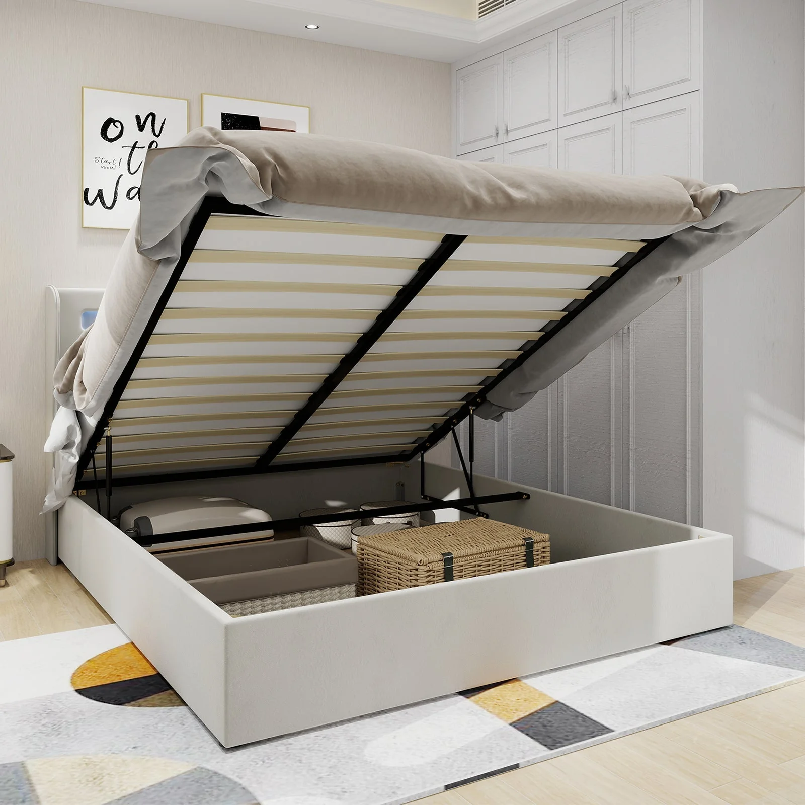 Modern Minimalist Upholstered Bed with LED Headboard, 140x200 cm, Beige - Image 2
