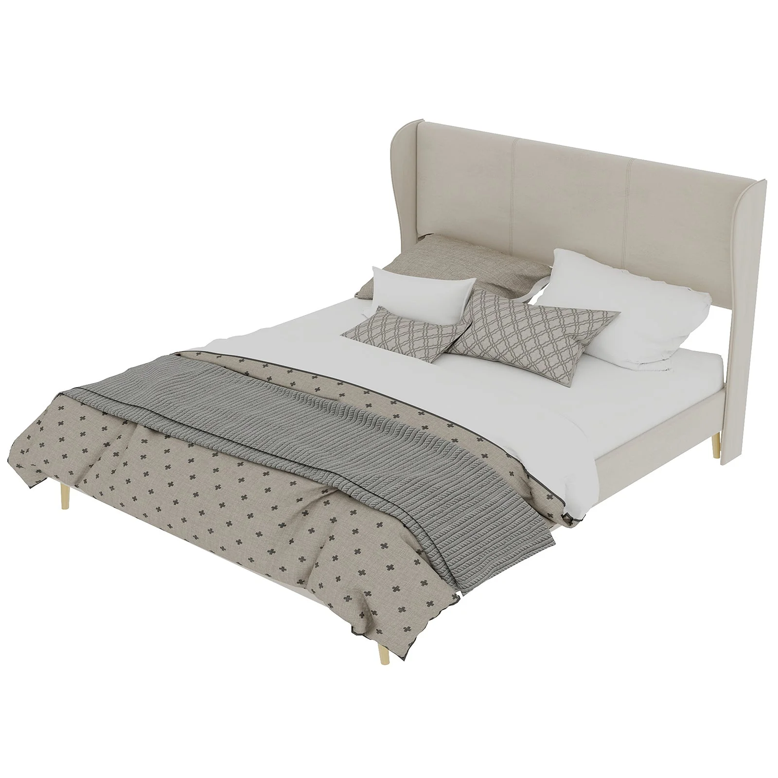 Modern Minimalist Upholstered Bed with Plush Headboard, 160x200 cm, Beige, Multifunctional Bedroom Furniture, Low-Profile Non-Storage Base (Without Gas Lift), Mattress Excluded. - Image 2