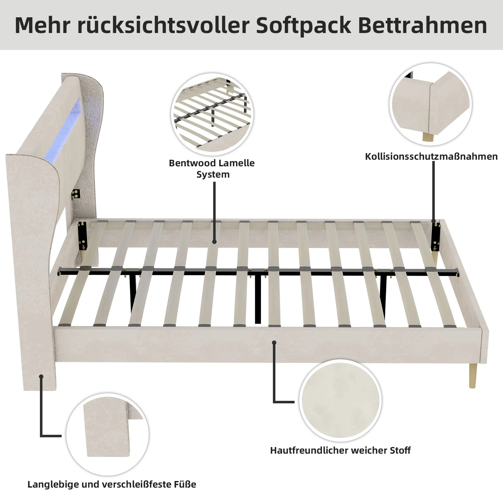 Modern Minimalist Upholstered Bed with Plush Headboard, 160x200 cm, Beige, Multifunctional Bedroom Furniture, Low-Profile Non-Storage Base (Without Gas Lift), Mattress Excluded. - Image 4