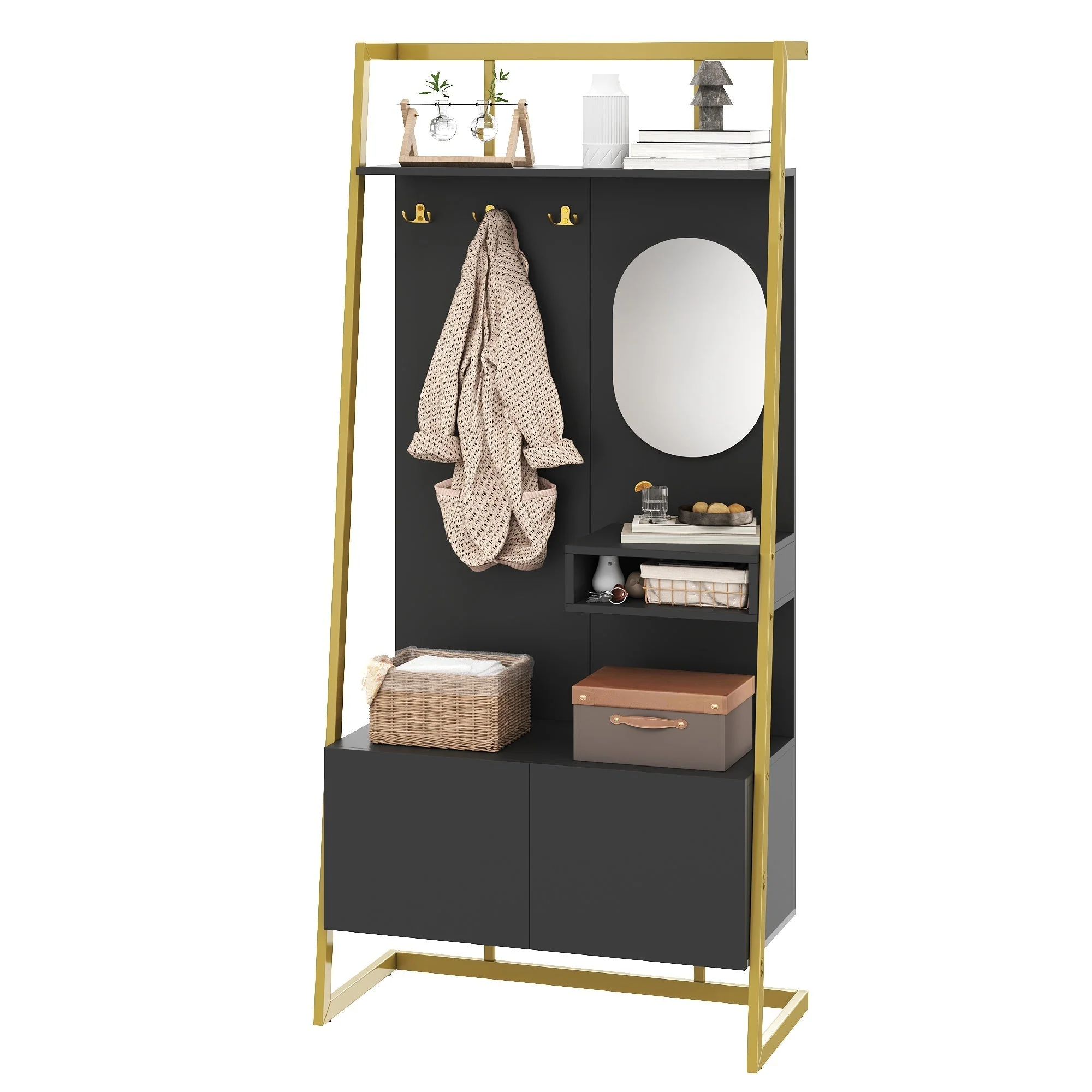 Modern Minimalist Wardrobe Compact Multifunctional Storage with Mirror & Shoe Bench, Metal Hooks - Image 2