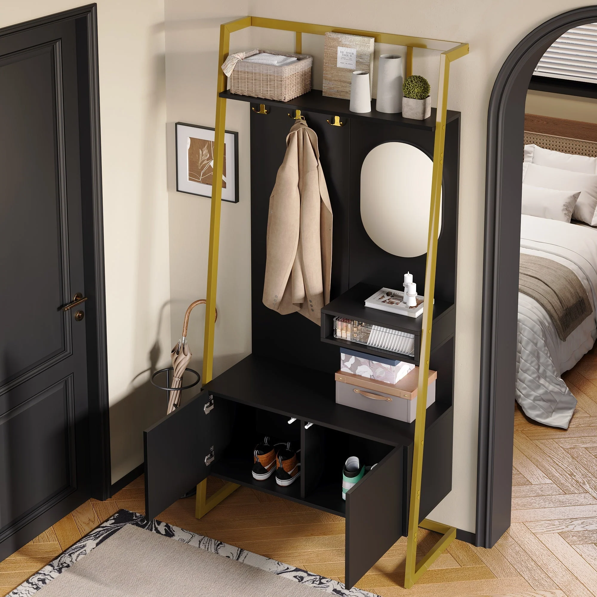 Modern Minimalist Wardrobe Compact Multifunctional Storage with Mirror & Shoe Bench, Metal Hooks - Image 3
