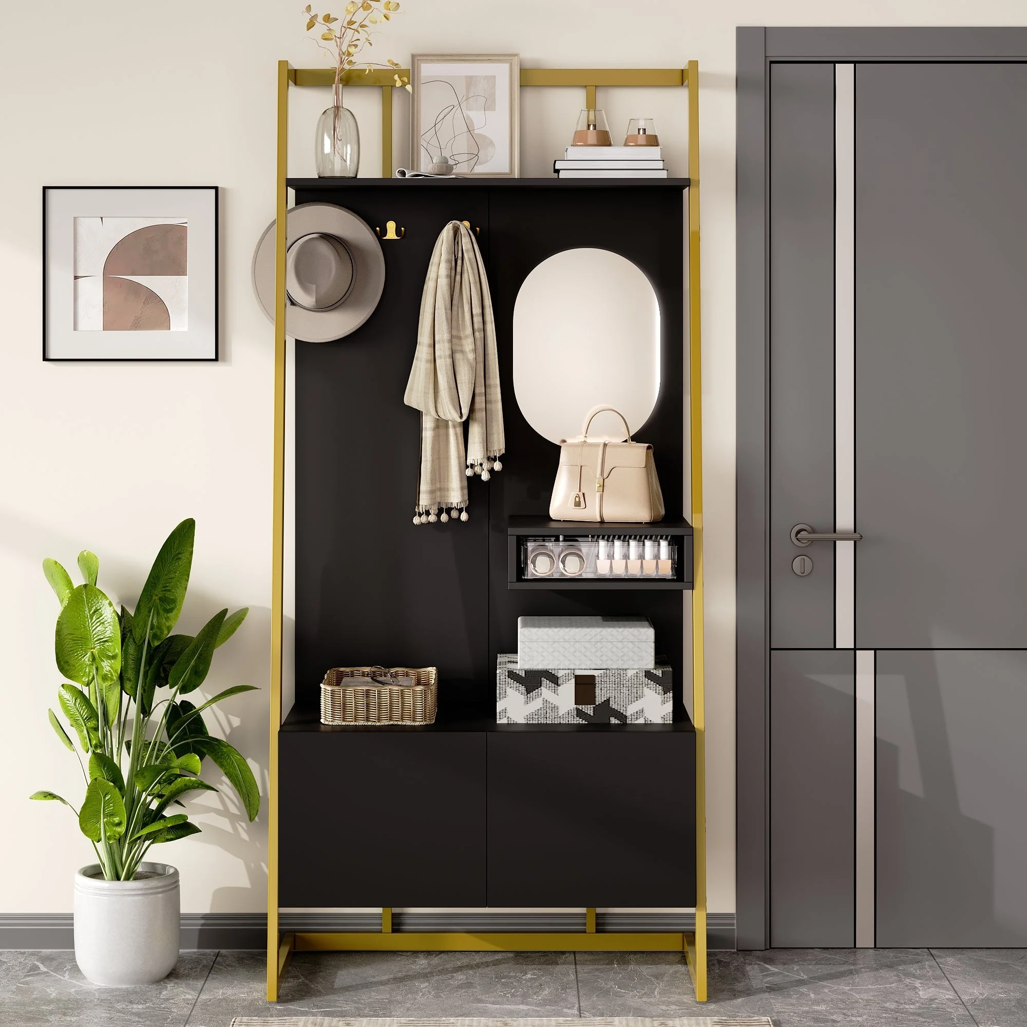 Modern Minimalist Wardrobe Compact Multifunctional Storage with Mirror & Shoe Bench, Metal Hooks - Image 7