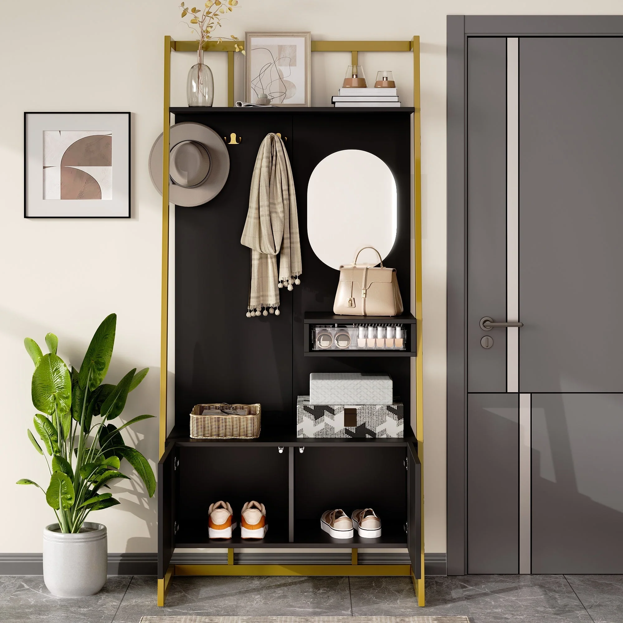 Modern Minimalist Wardrobe Compact Multifunctional Storage with Mirror & Shoe Bench, Metal Hooks - Image 8