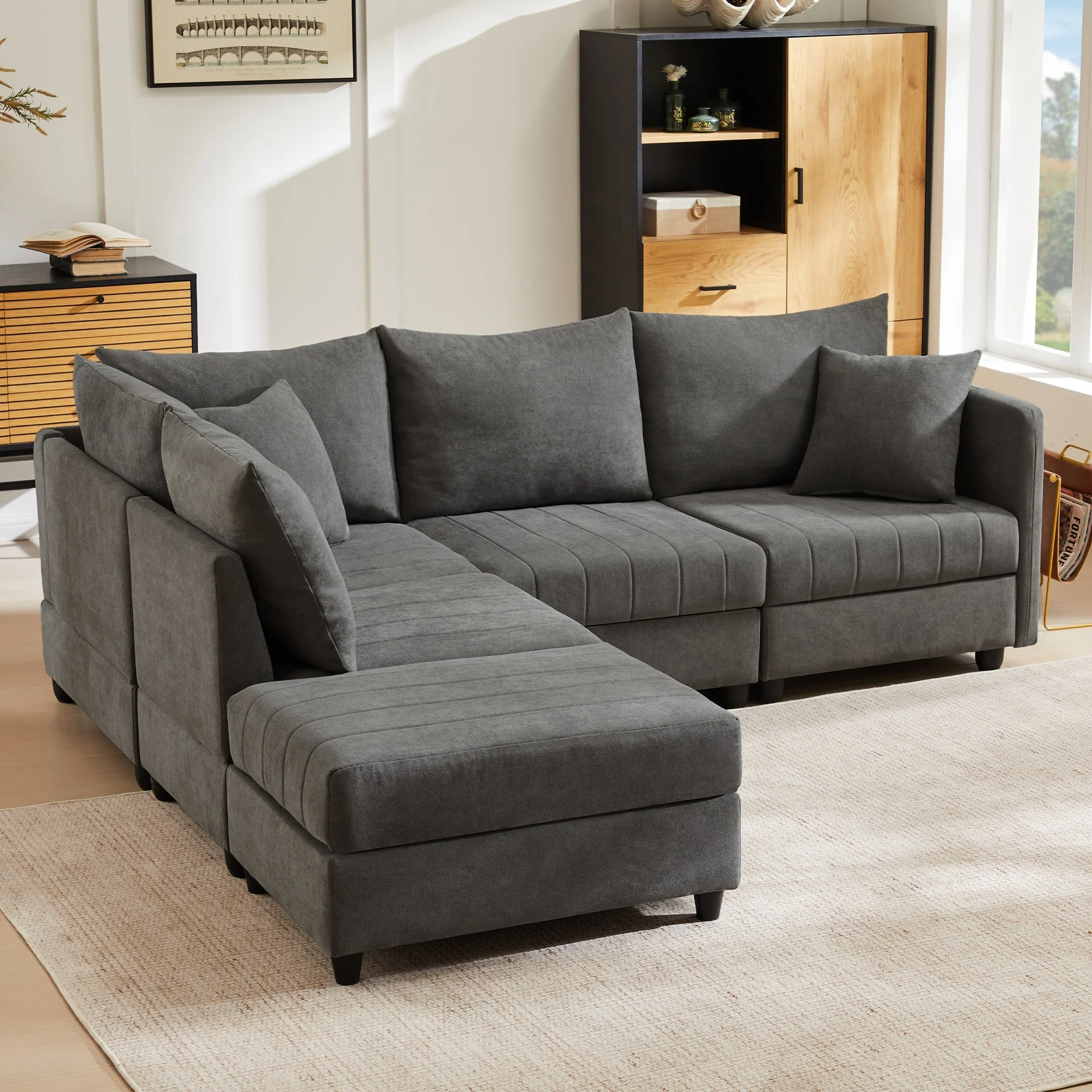 Modern Modular Corner Sofa, 5-Seater with Convertible Footstool, Cotton and Linen Grey - Image 4