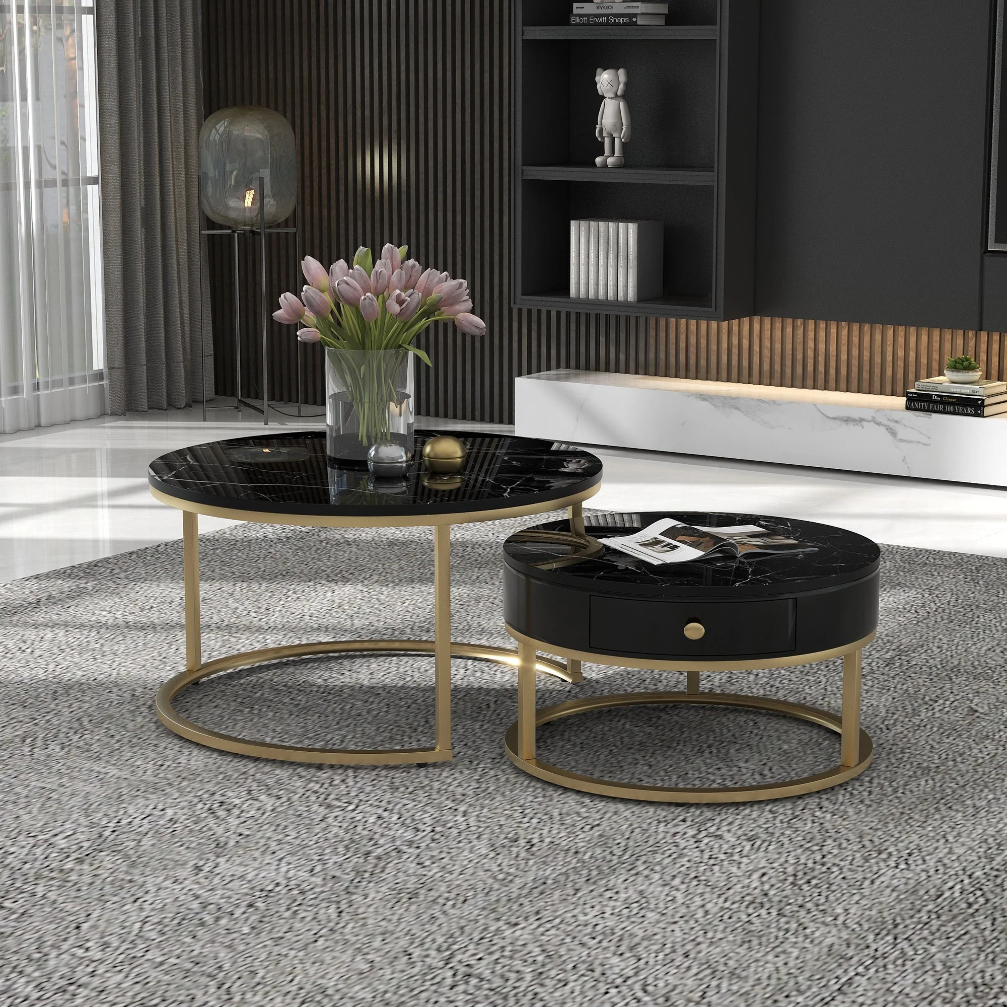 Modern Nesting Coffee Table, Set of 2 Round Side Tables with High Gloss Marble Pattern, Black MDF - Image 2