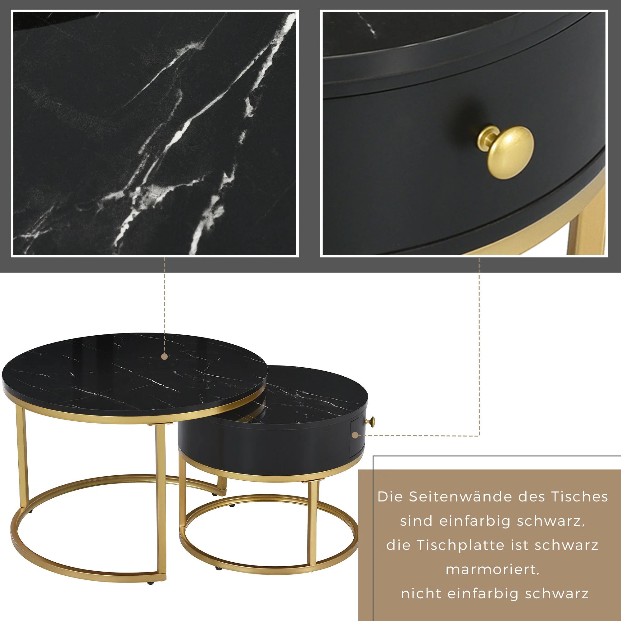 Modern Nesting Coffee Table, Set of 2 Round Side Tables with High Gloss Marble Pattern, Black MDF - Image 8