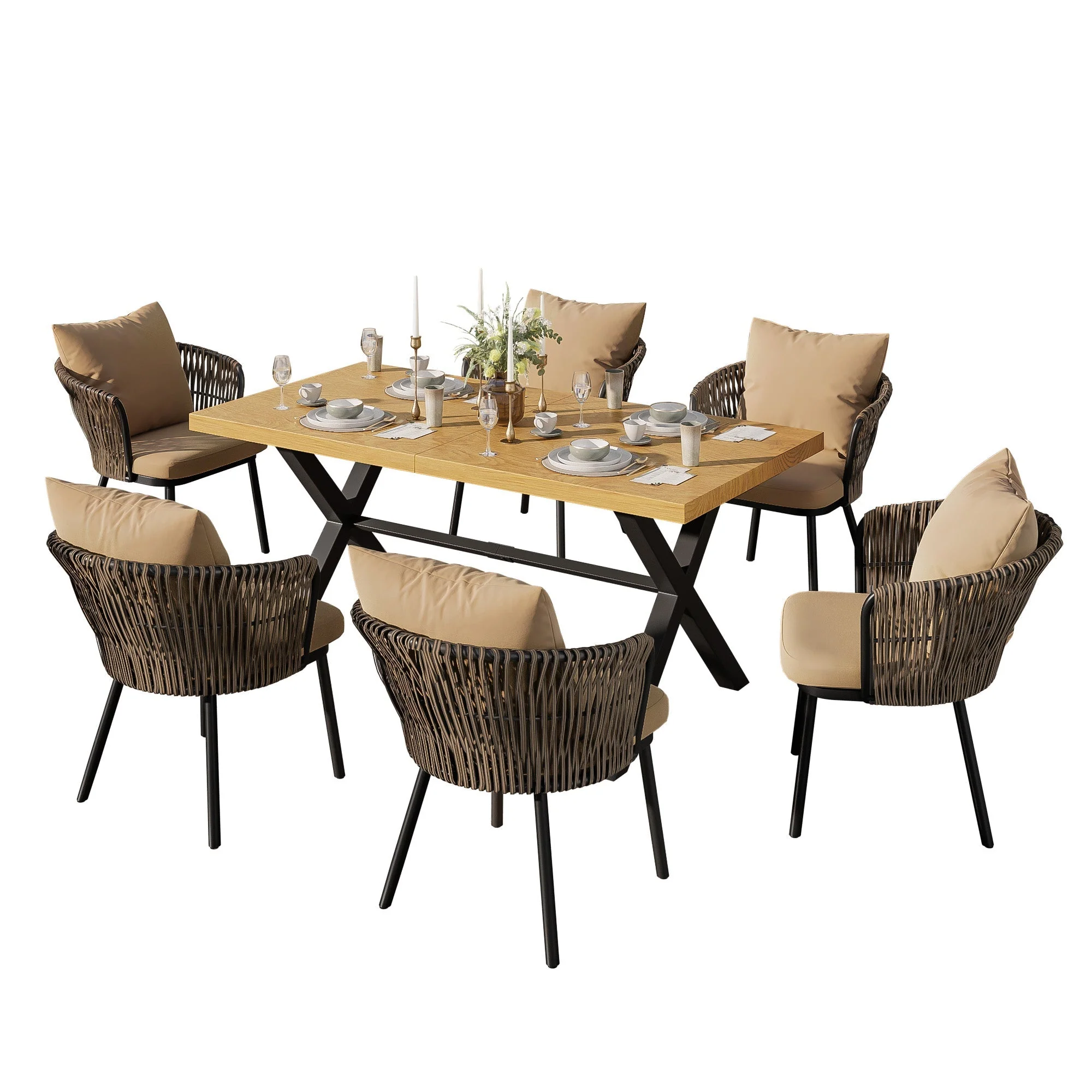 Modern Outdoor Dining Set with Seat Cushions, Rattan and Iron Frame - Image 2