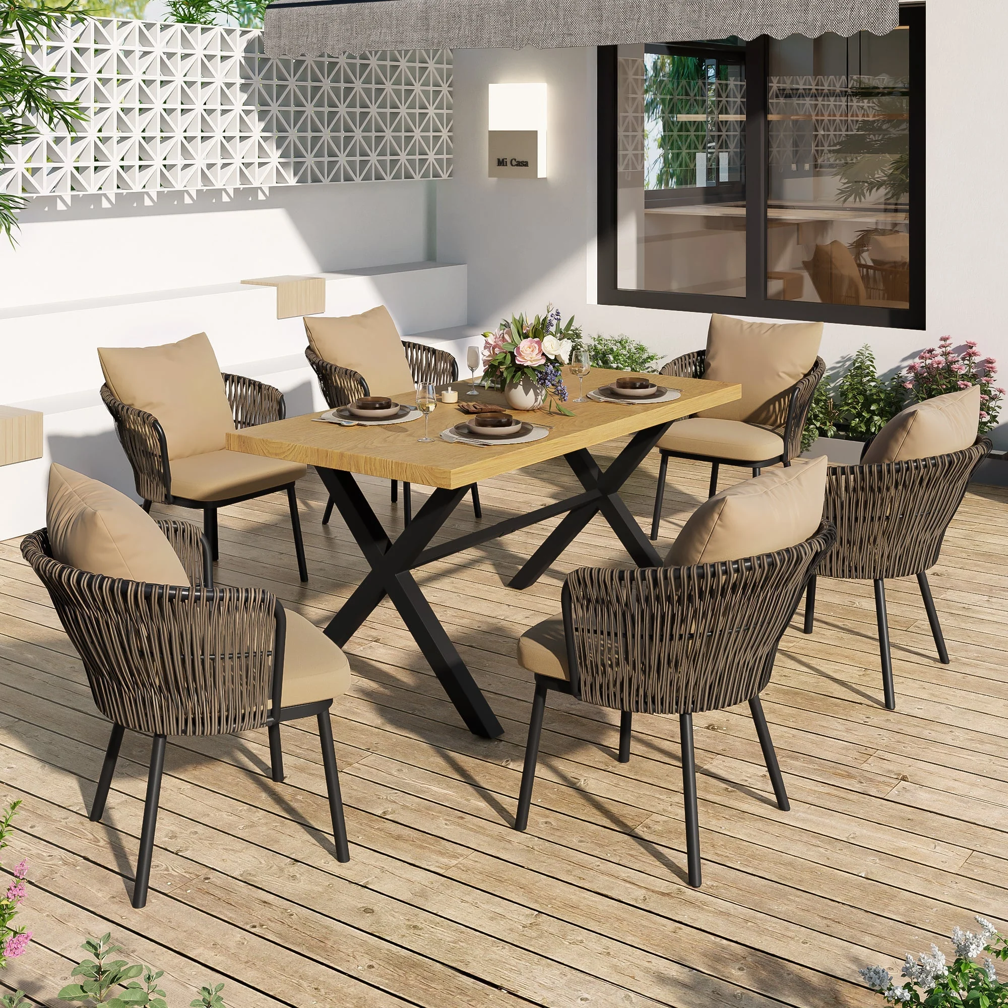 Modern Outdoor Dining Set with Seat Cushions, Rattan and Iron Frame - Image 8