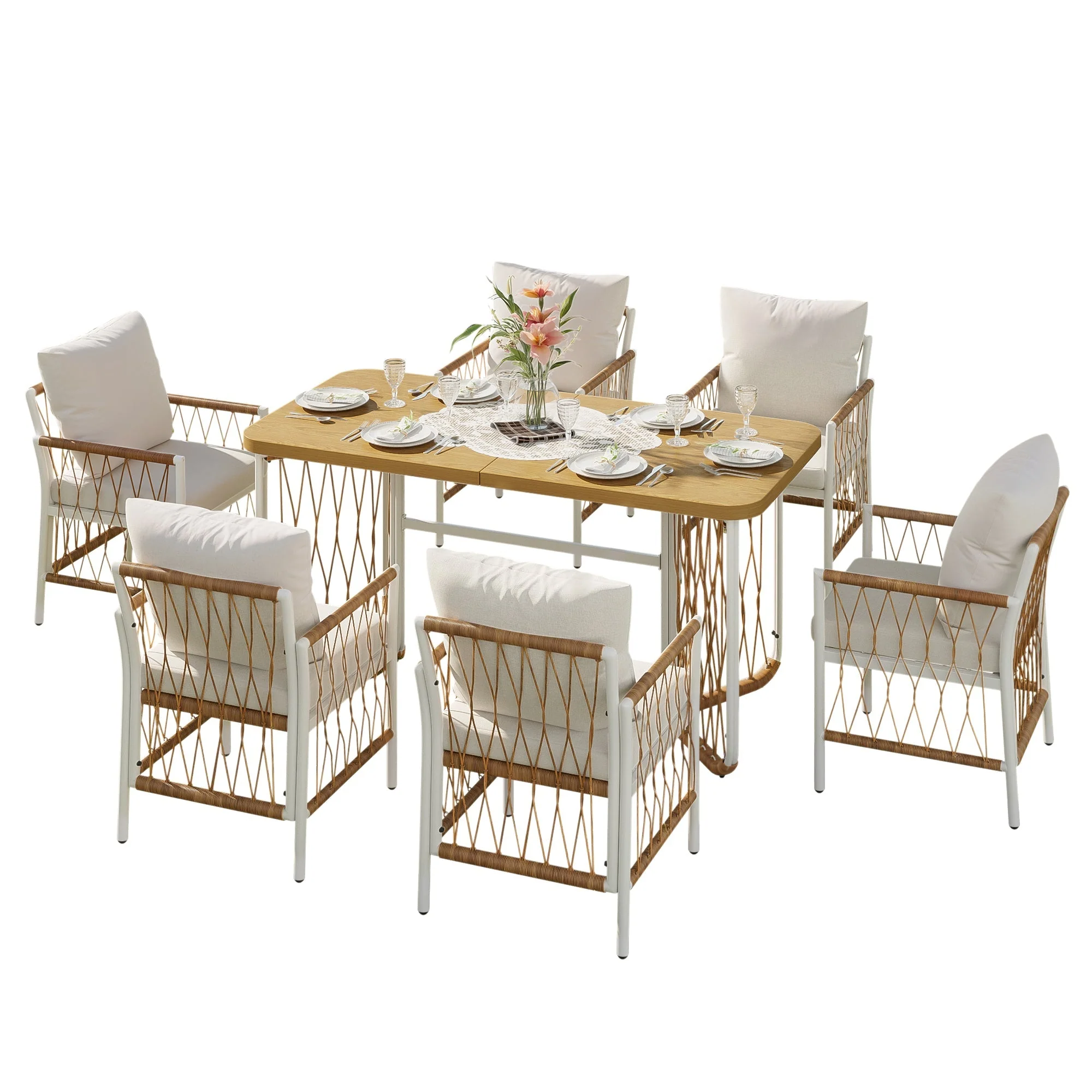 Modern Outdoor Leisure and Meeting Set with Woven Armrests and Cushions, Iron Frame - Image 2