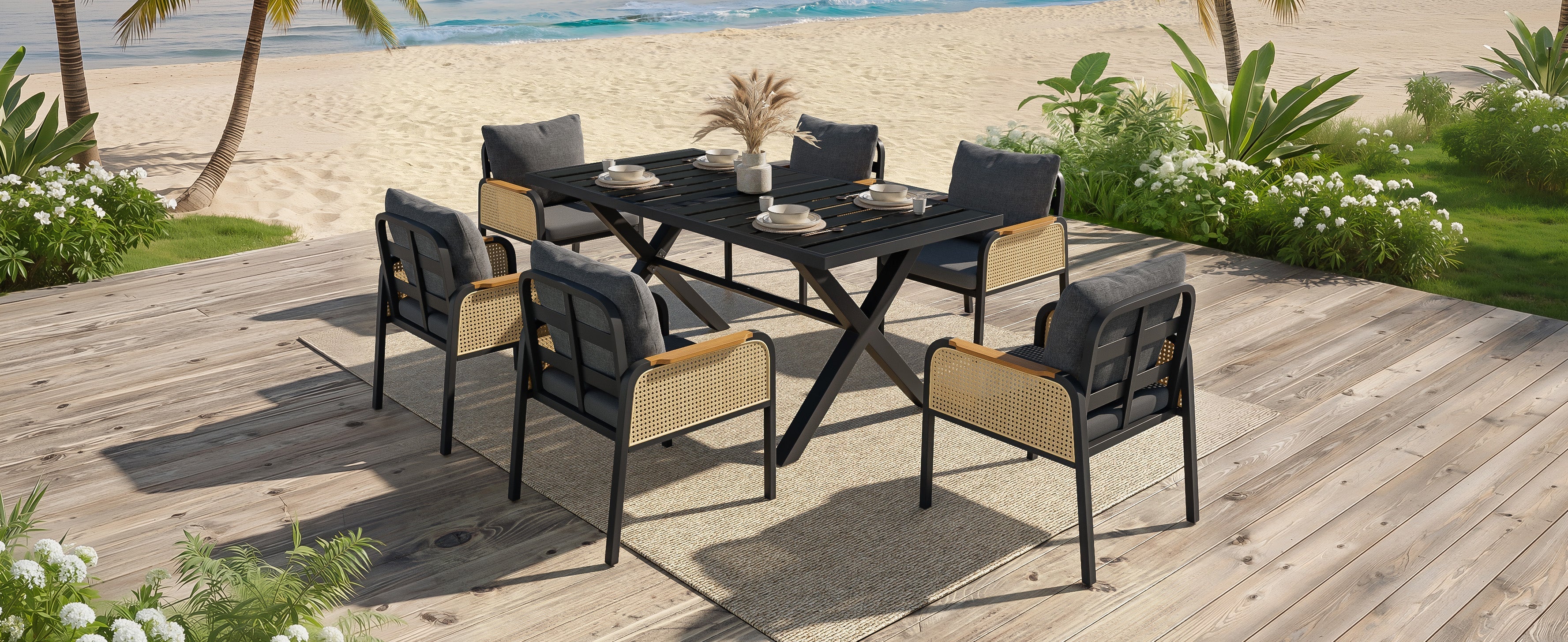 Modern Outdoor Sofa Set with Woven Armrests and Seat Cushions, Iron Frame - Image 6