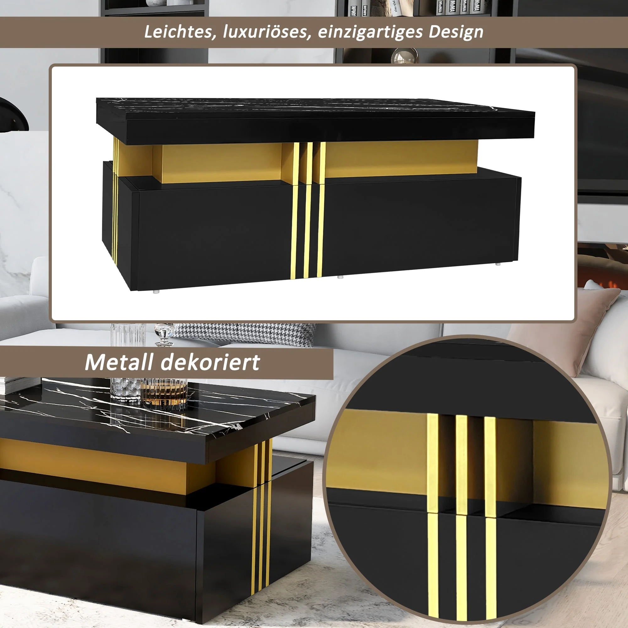 Modern Rectangular Coffee Table with 2 Drawers, High-Gloss and Marble - Image 10
