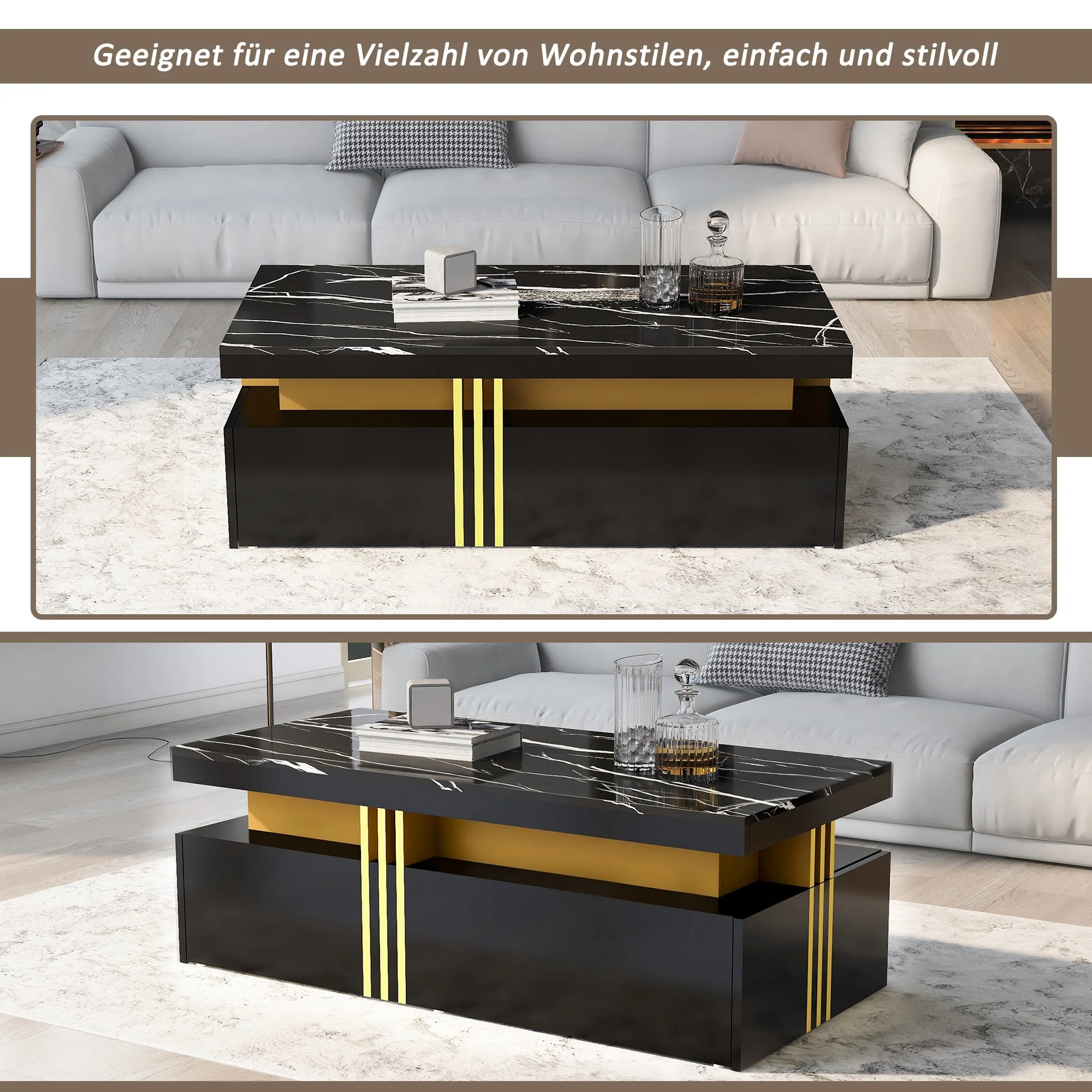 Modern Rectangular Coffee Table with 2 Drawers, High-Gloss and Marble - Image 12
