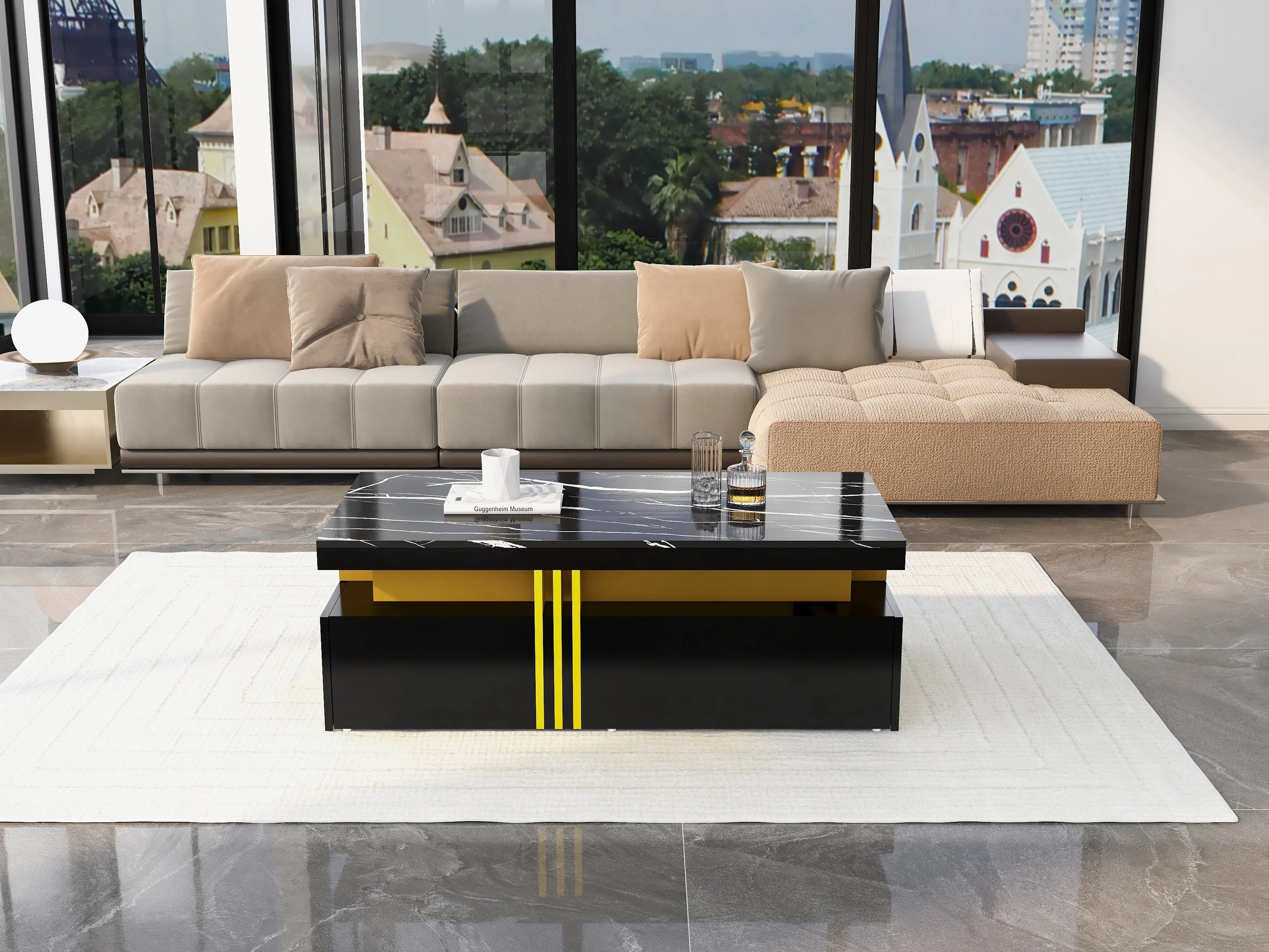 Modern Rectangular Coffee Table with 2 Drawers, High-Gloss and Marble - Image 2