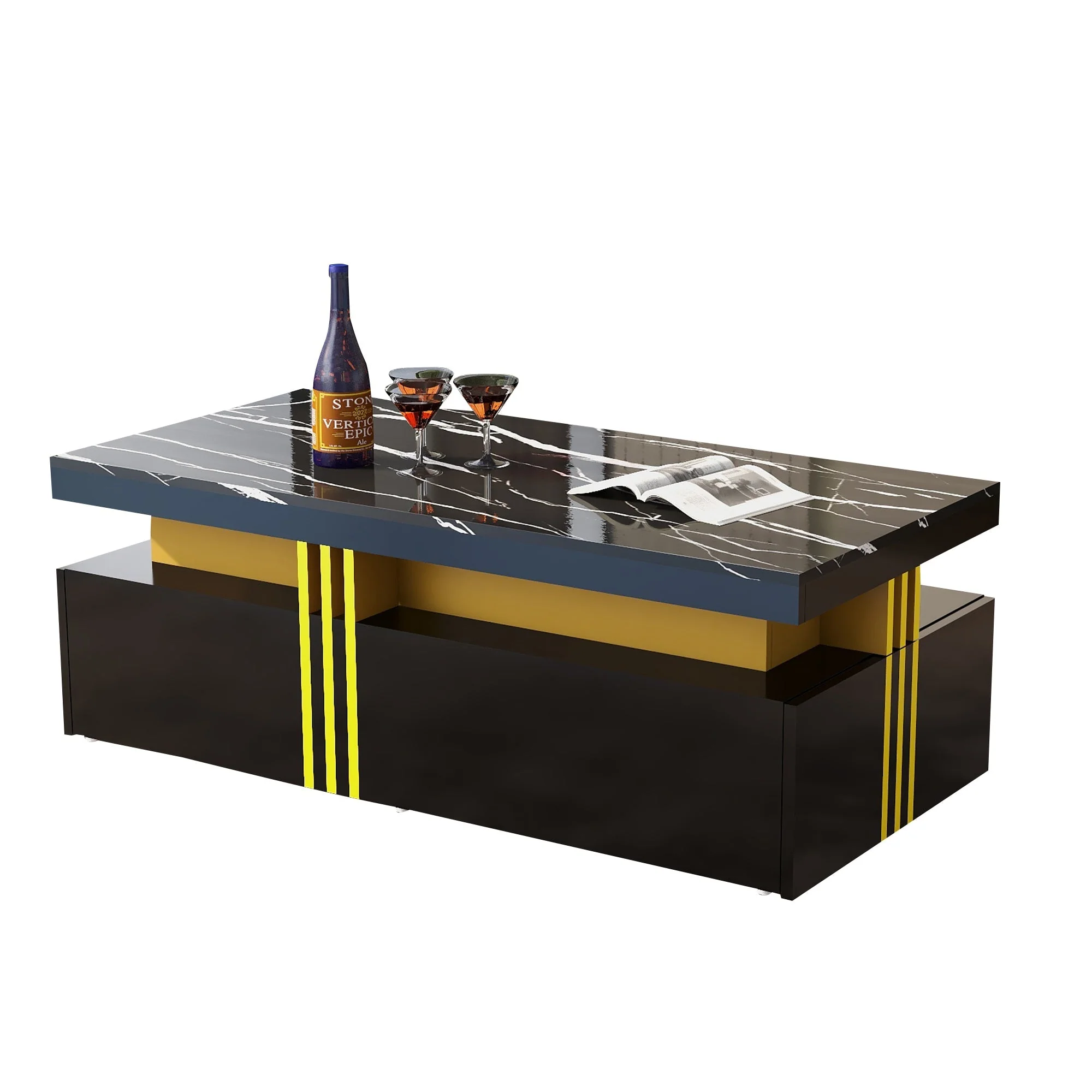 Modern Rectangular Coffee Table with 2 Drawers, High-Gloss and Marble - Image 6