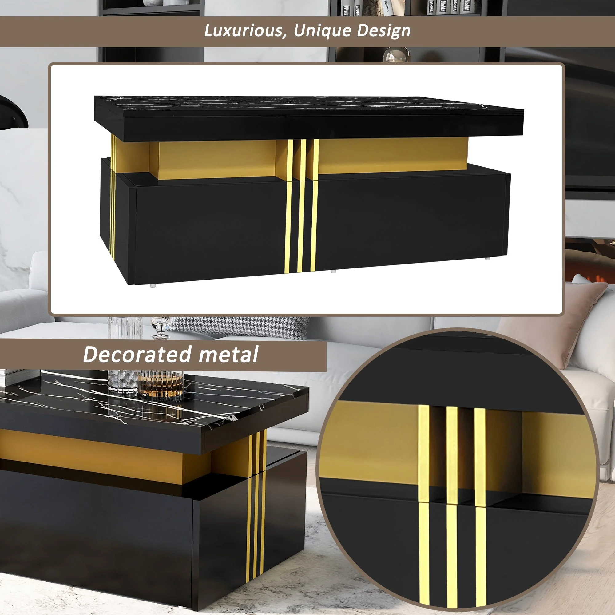Modern Rectangular Coffee Table with 2 Drawers, High-Gloss and Marble - Image 9