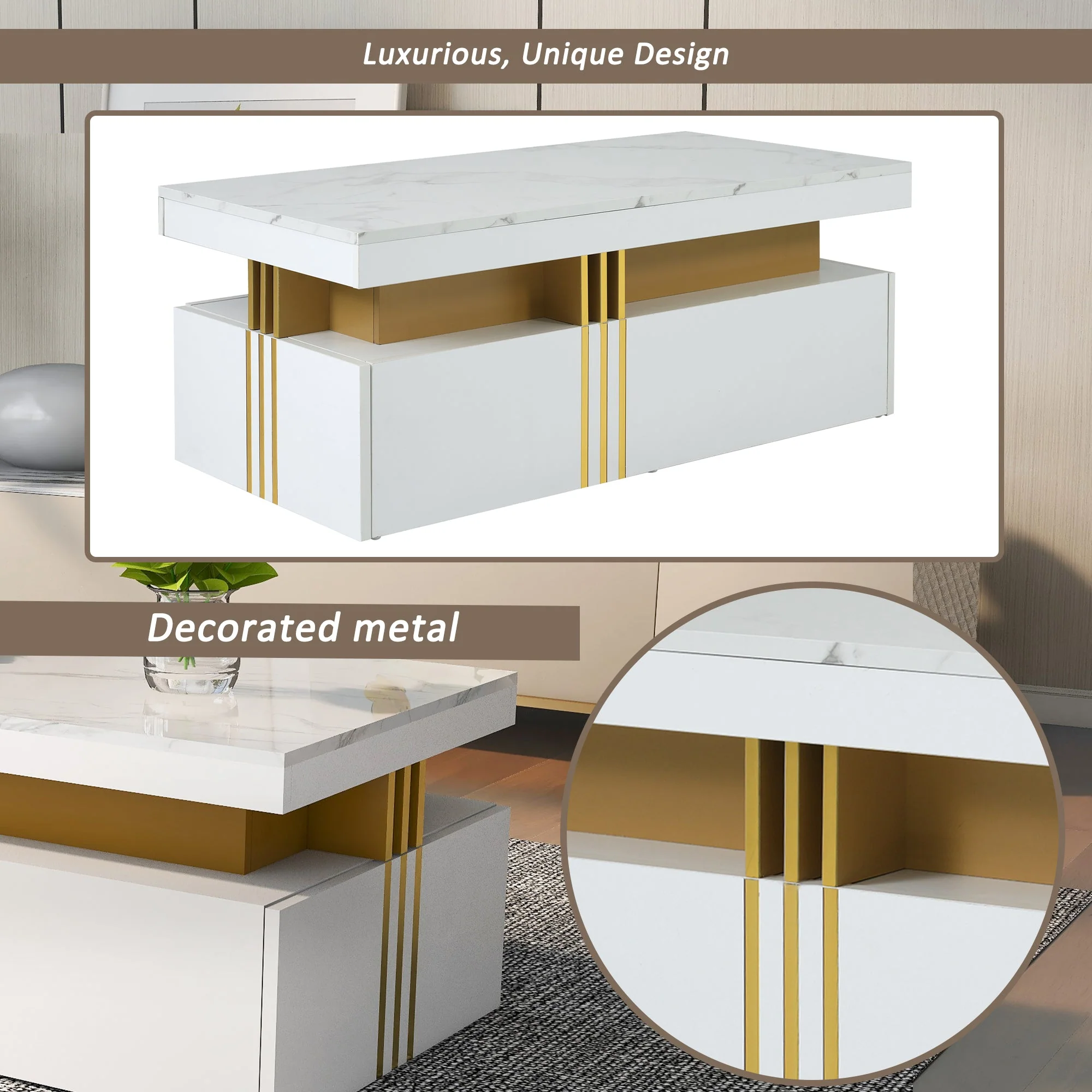 Modern rectangular coffee table with high gloss top and 2 wooden drawers, marble tabletop - Image 8