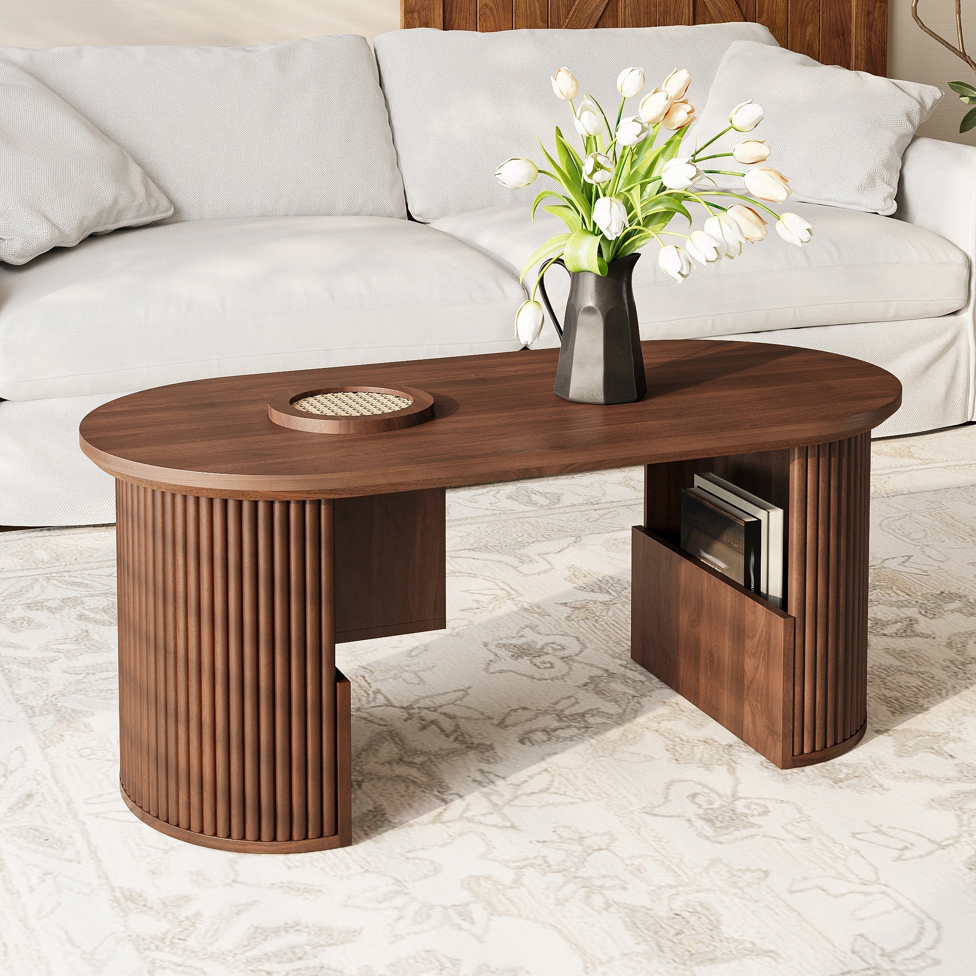 Modern Retro Coffee Table with Vertical Texture, 105x50x46.5cm, Walnut