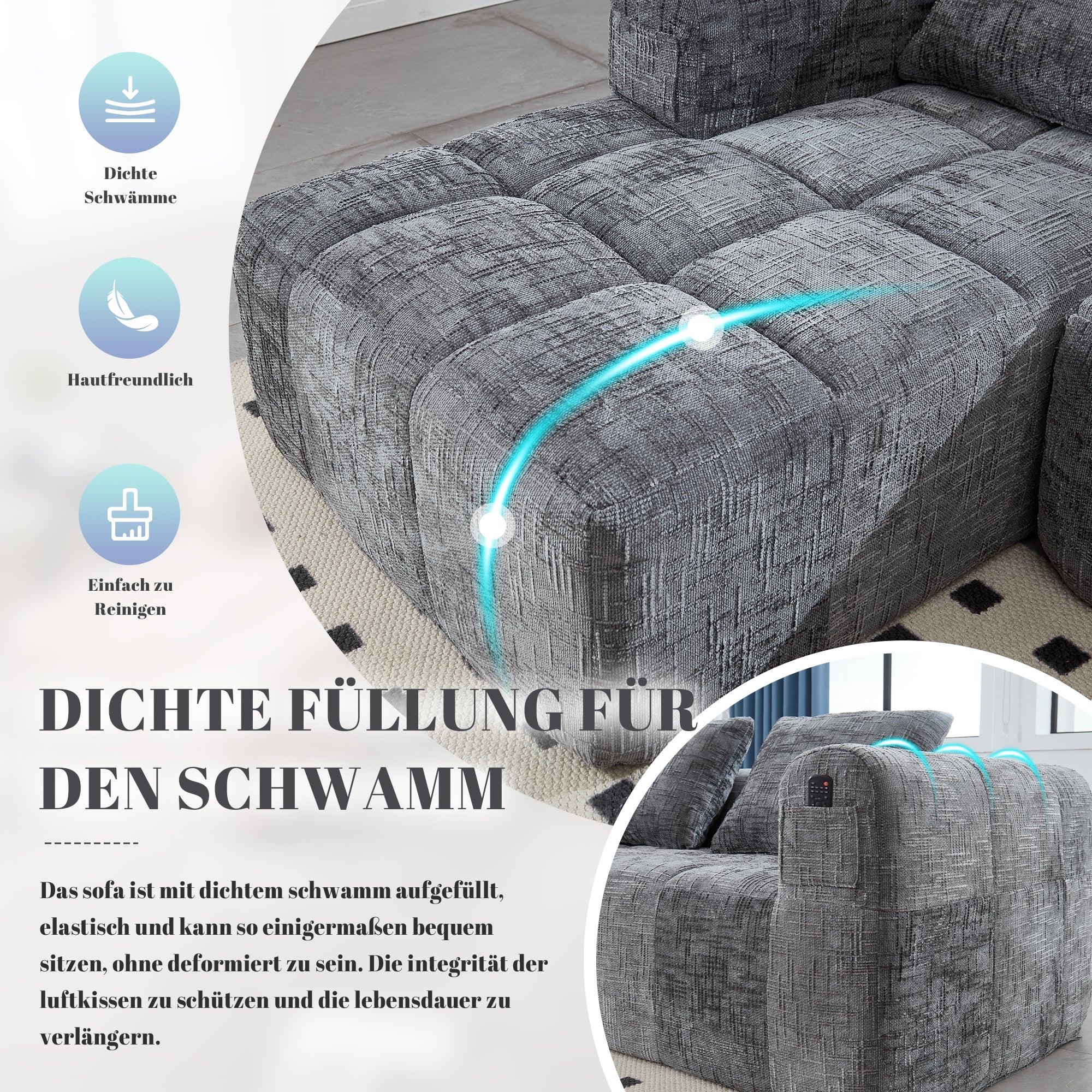 Modern Sectional Sofa L-Shaped 3-Seater Chaise Longue Storage Pocket Chenille Grey - Image 3