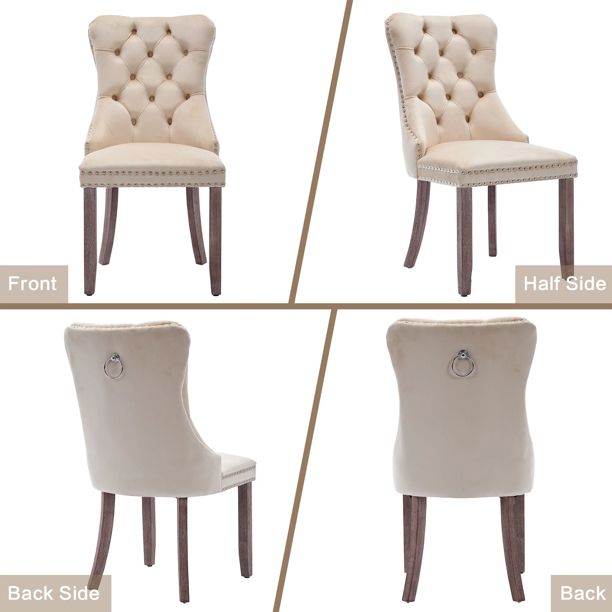 Modern Set of 2 Upholstered Velvet Dining Chairs, Button Tufted Kitchen Lounge Chairs with Brushed Wood Legs, Riveted Trim and Knocker Ring, for Dining Room Living Room, Beige (Old SKU: PP311356AAW) - Image 7