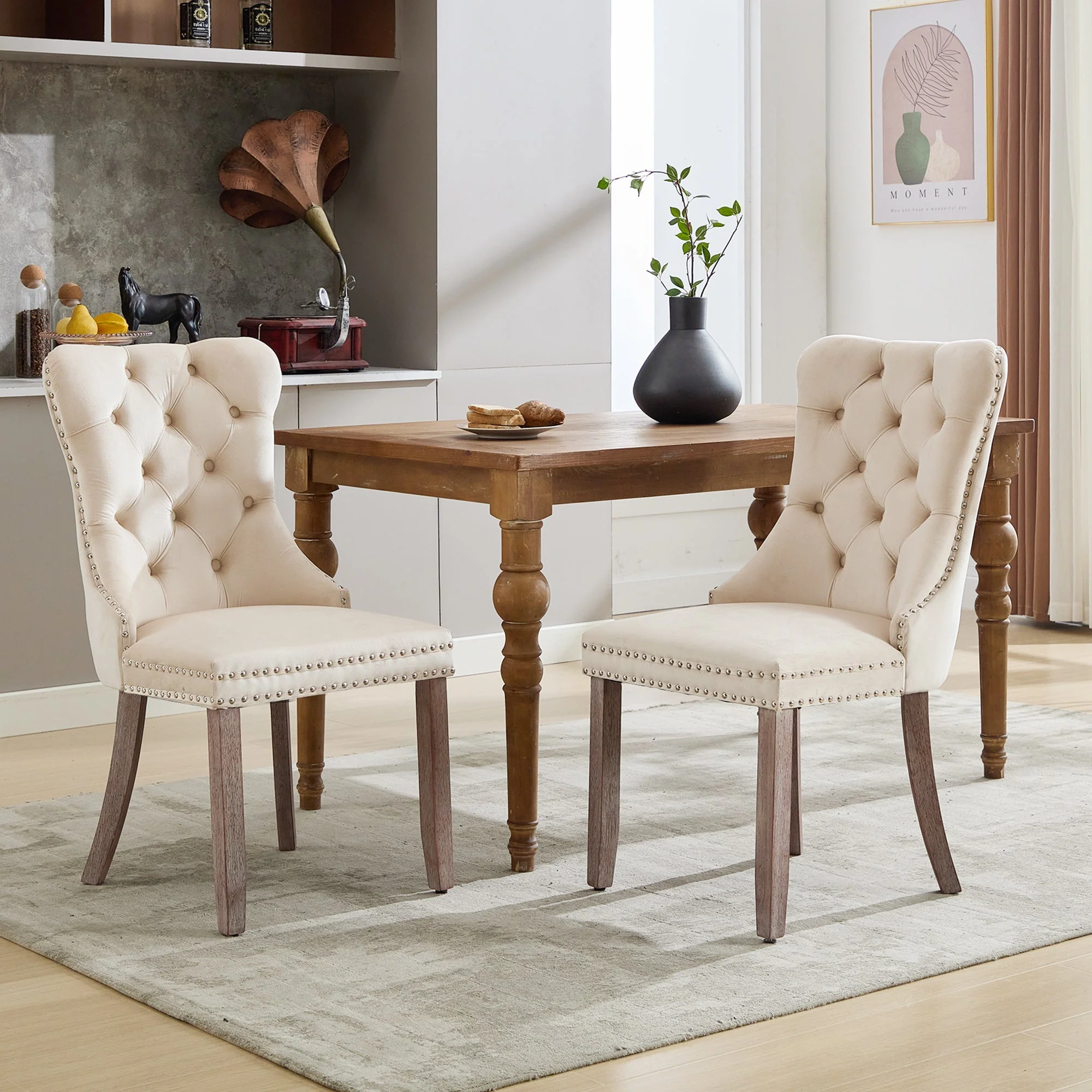Modern Set of 6 Upholstered Velvet Dining Chairs, Button Tufted with Brushed Wood Legs, Riveted Trim, and Knocker Ring, Beige - Image 3