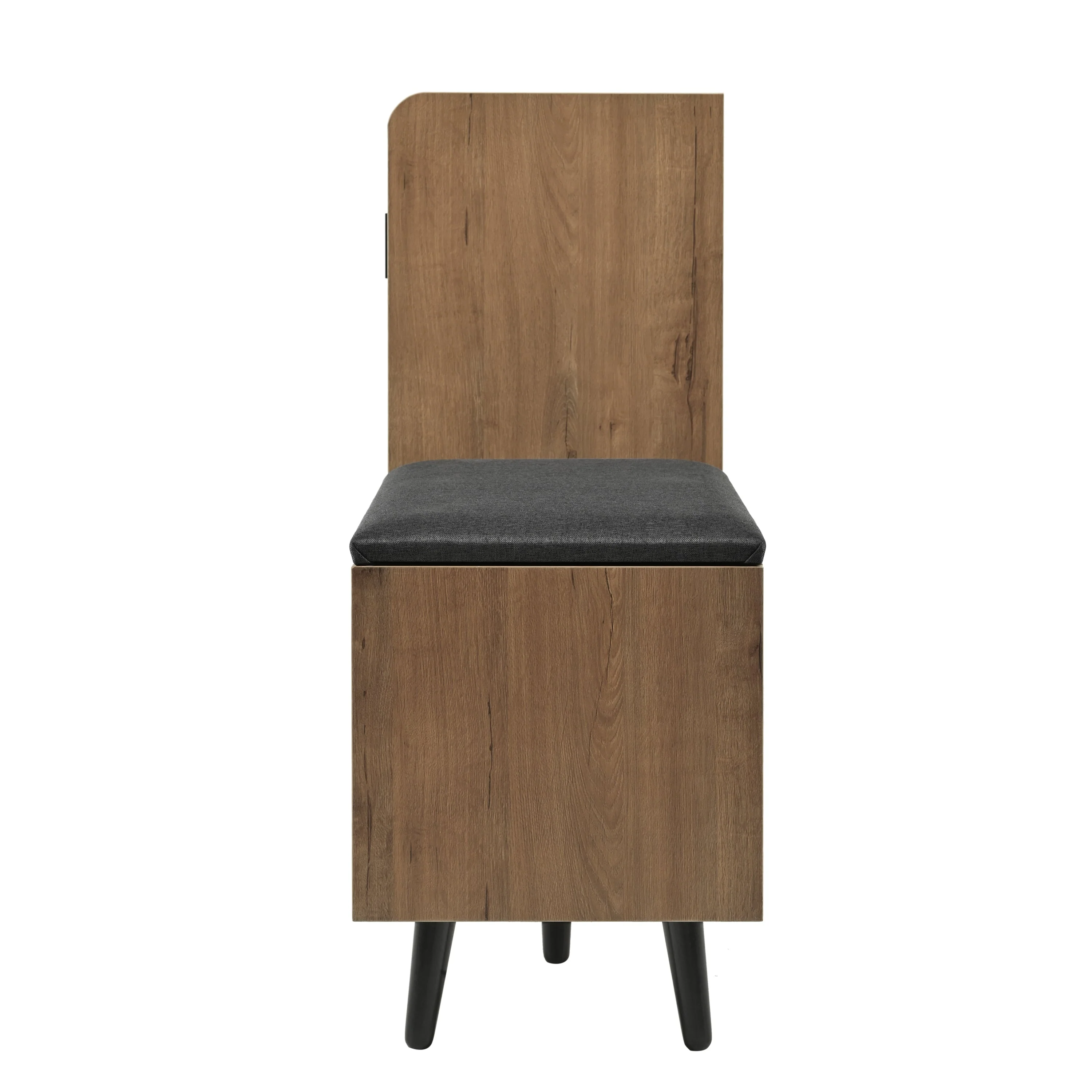 Modern shoe bench with wood grain, shoe cabinet, four storage doors, asymmetrical metal handles - Image 11