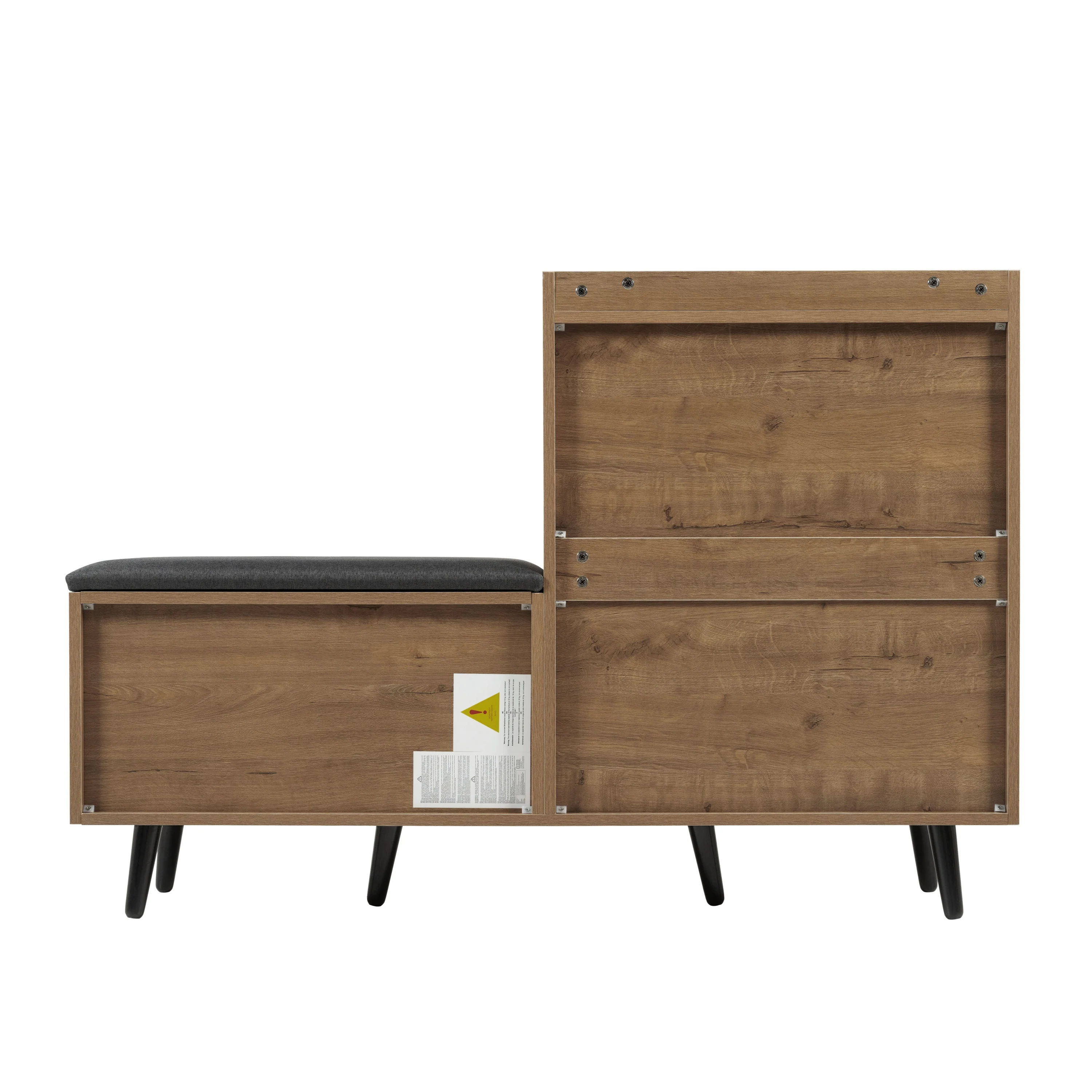 Modern shoe bench with wood grain, shoe cabinet, four storage doors, asymmetrical metal handles - Image 12