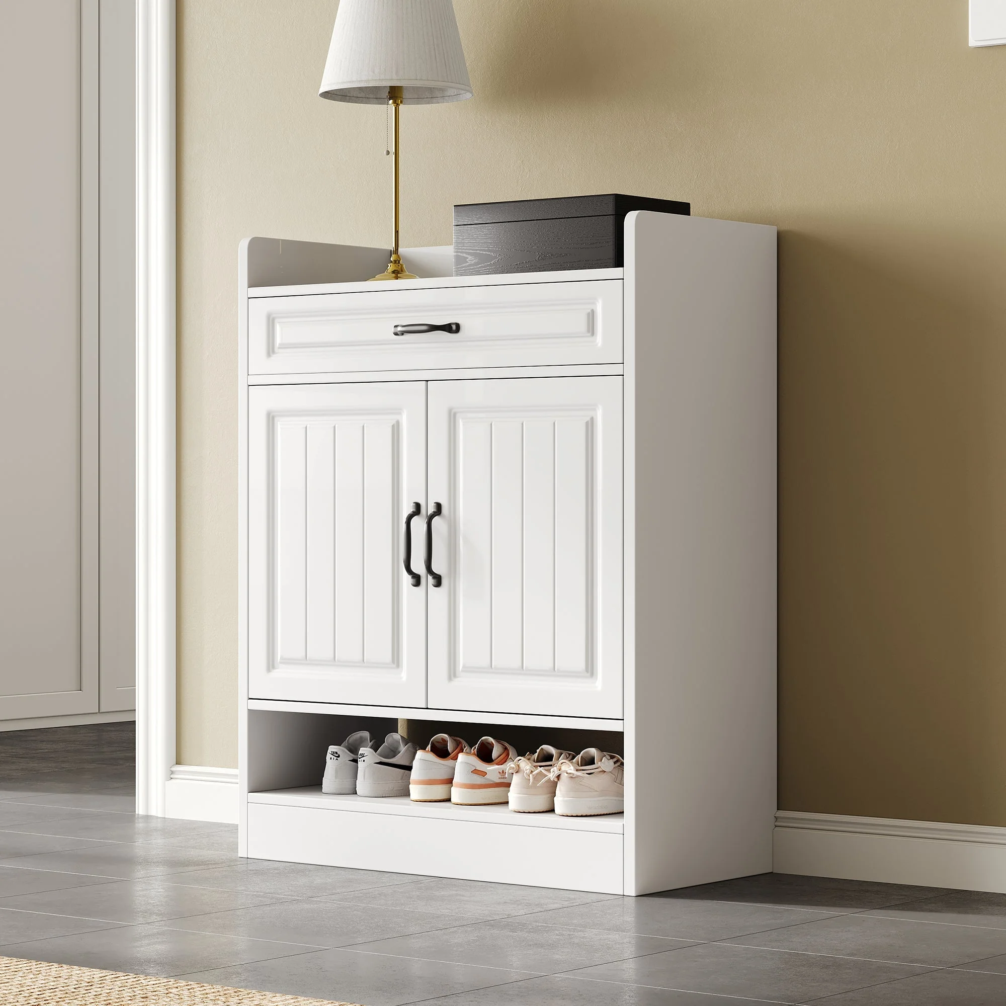 Modern Shoe Cabinet Adjustable Shelves Drawer 2 Doors, White - Image 2