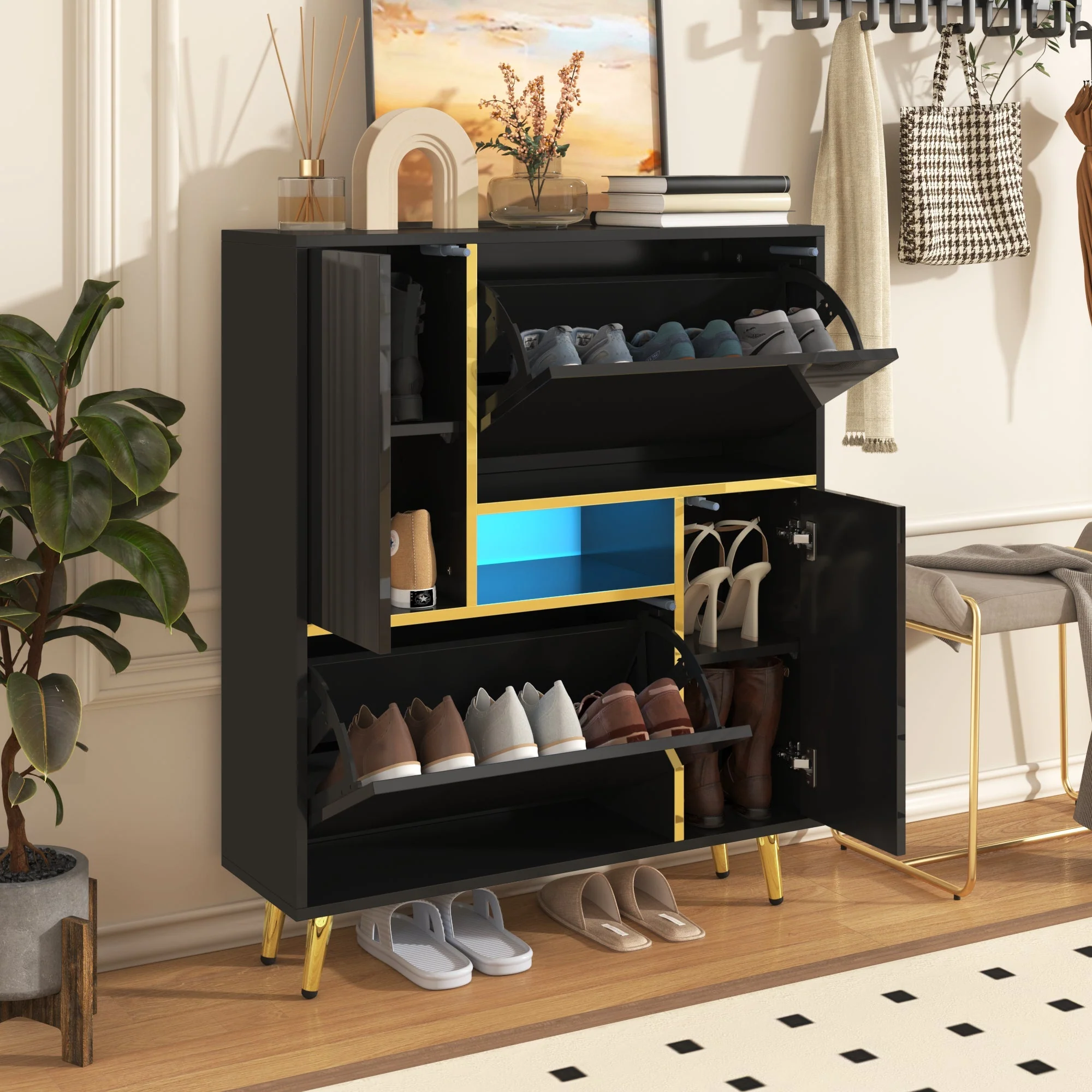 Modern shoe cabinet, high-gloss front, 16-color LED light, black - Image 4
