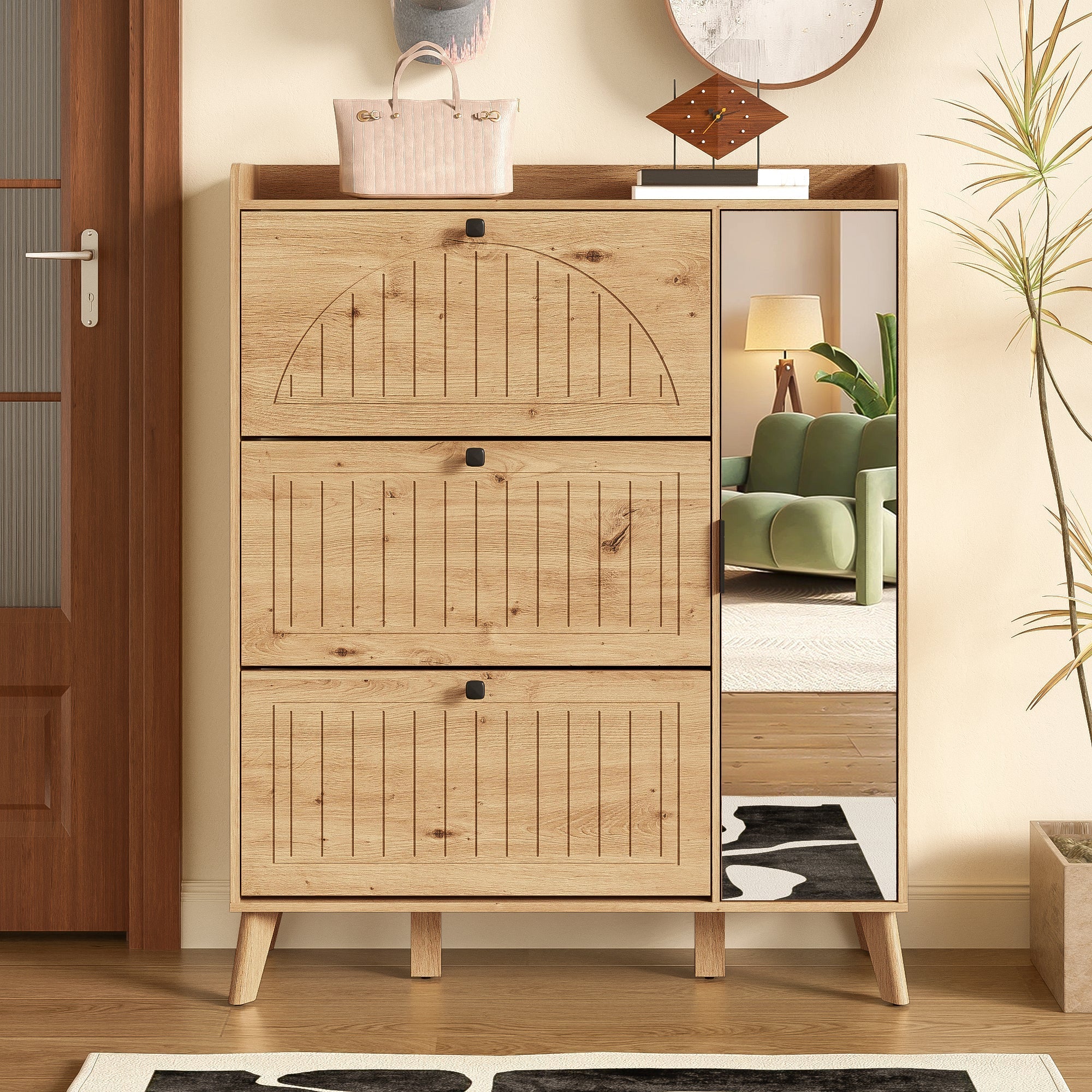 Modern Shoe Cabinet Mirror 3 Flap Doors 110x24x137.5cm - Image 7