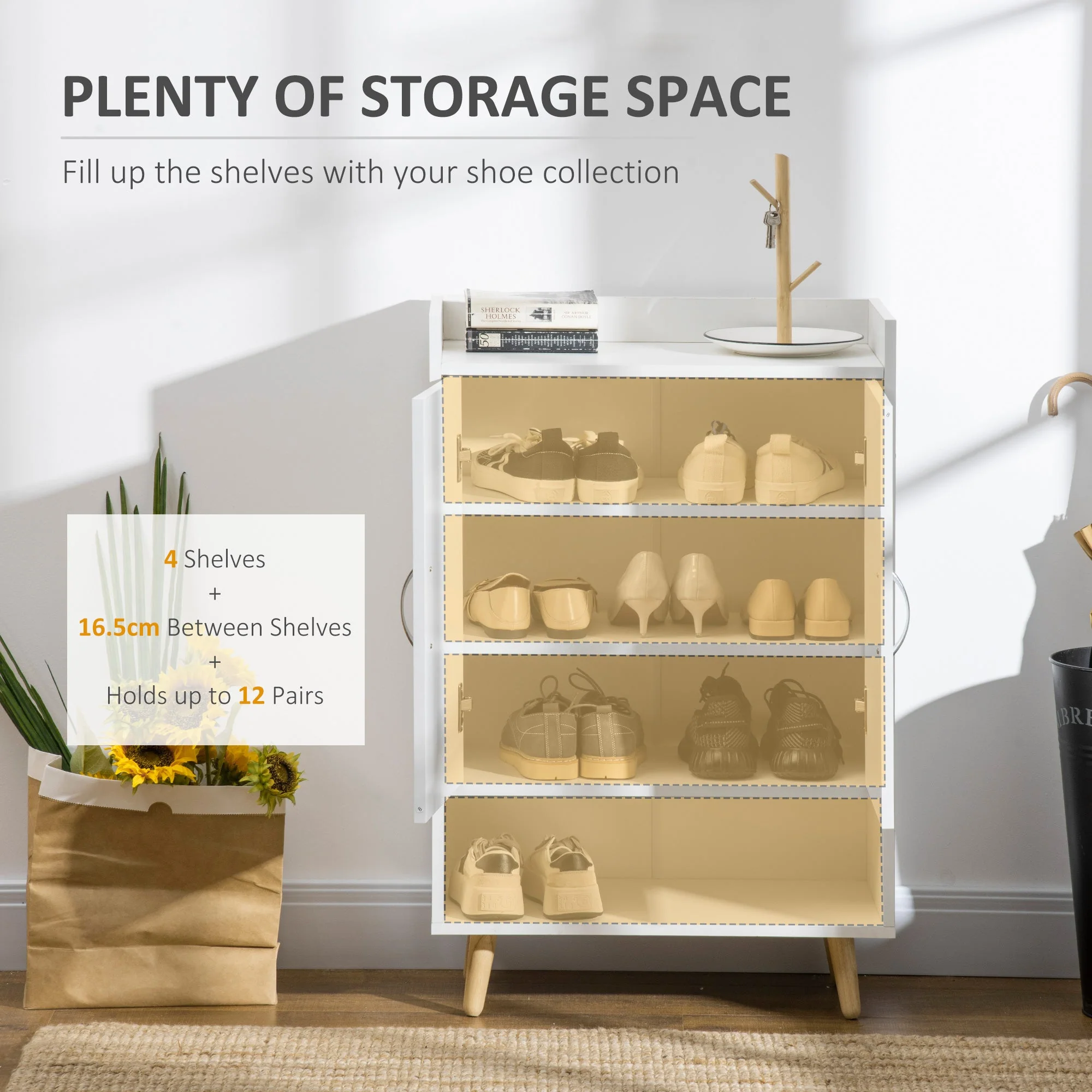 Modern Shoe Cabinet Storage Organizer with Doors and Shelves, White - Image 4