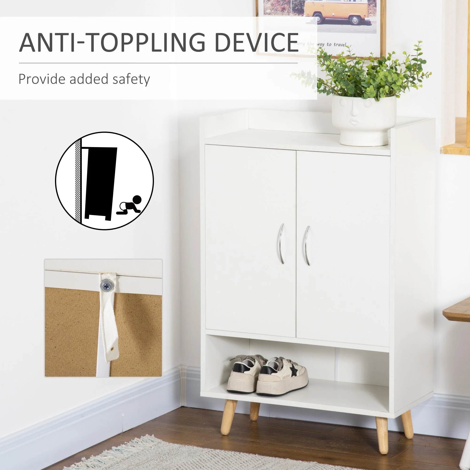 Modern Shoe Cabinet Storage Organizer with Doors and Shelves, White - Image 6