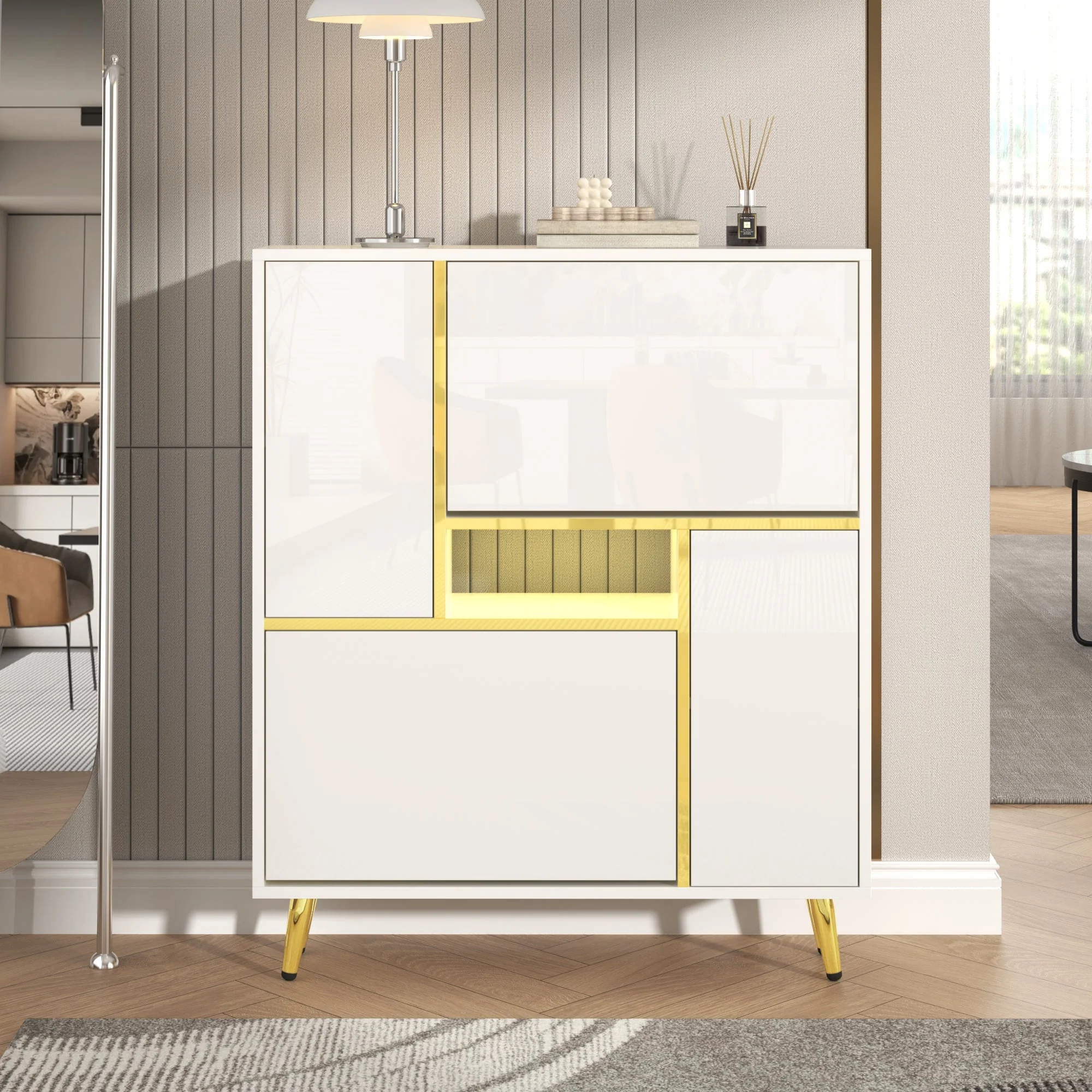 Modern Shoe Cabinet with 16-Color LED Light, White High-Gloss - Image 8