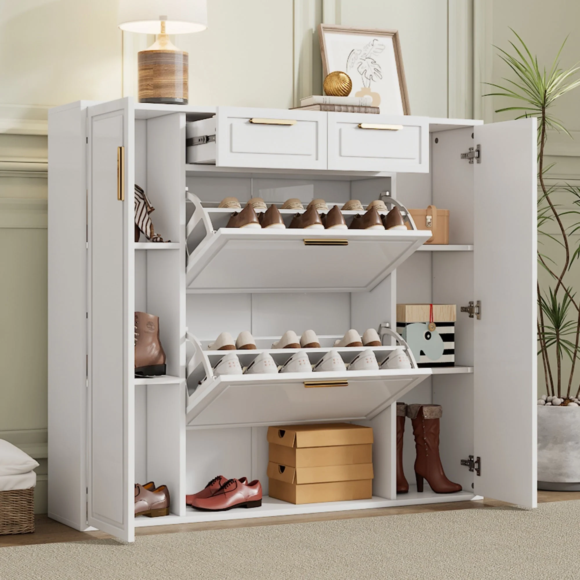 Modern shoe cabinet with adjustable shelves, 2 drawers, folding and 2 doors, white