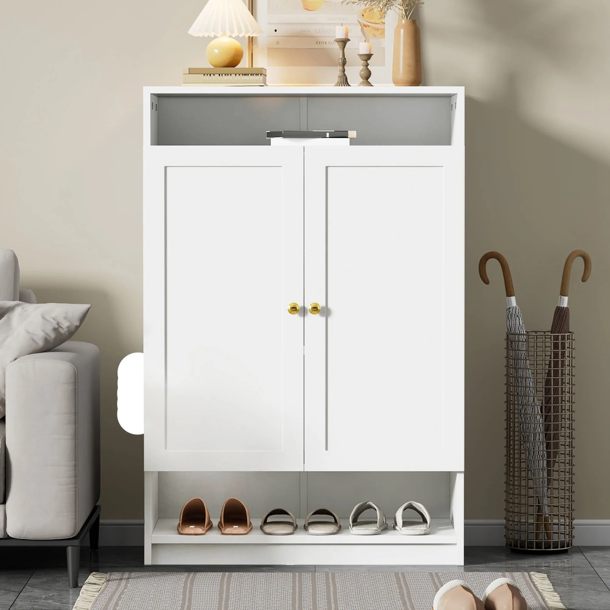 Modern shoe cabinet with adjustable shelves and 2 doors, white - Image 2