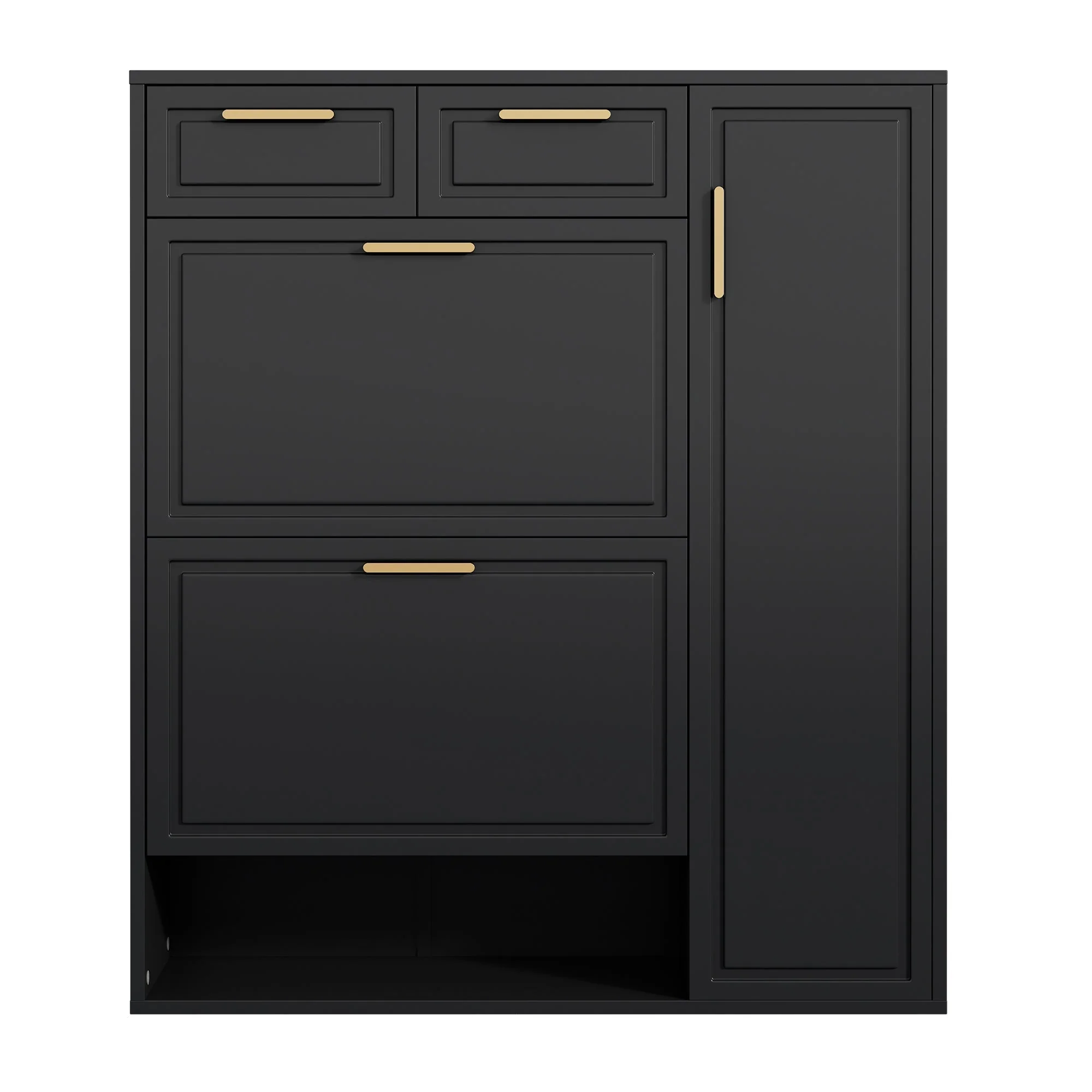 Modern Shoe Cabinet with Adjustable Shelves, Gold Handles, Drawers, Folding Doors, Black - Image 4