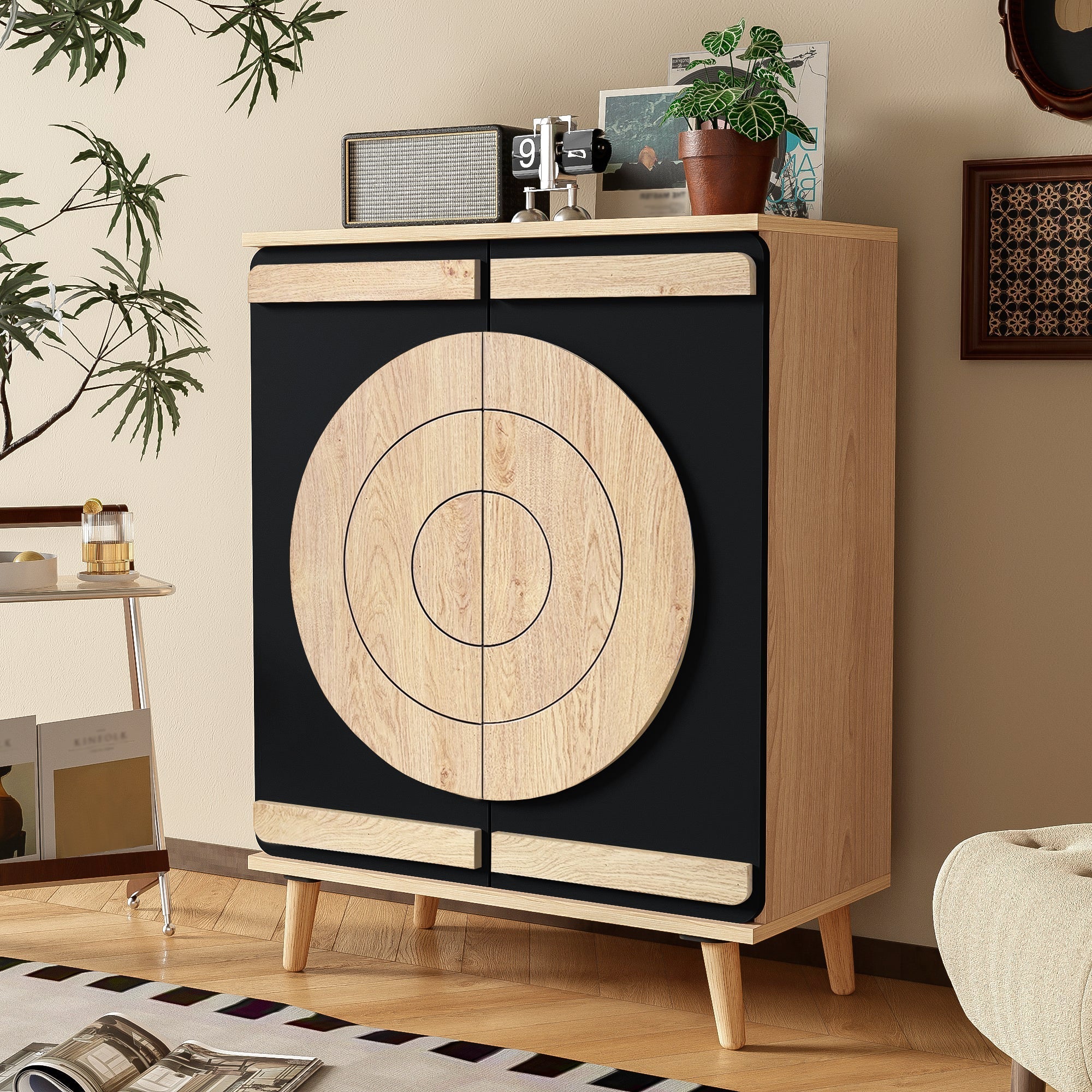 Modern Shoe Cabinet with Geometric Doors and Multi-Level Storage, Black and Natural Wood - Image 8