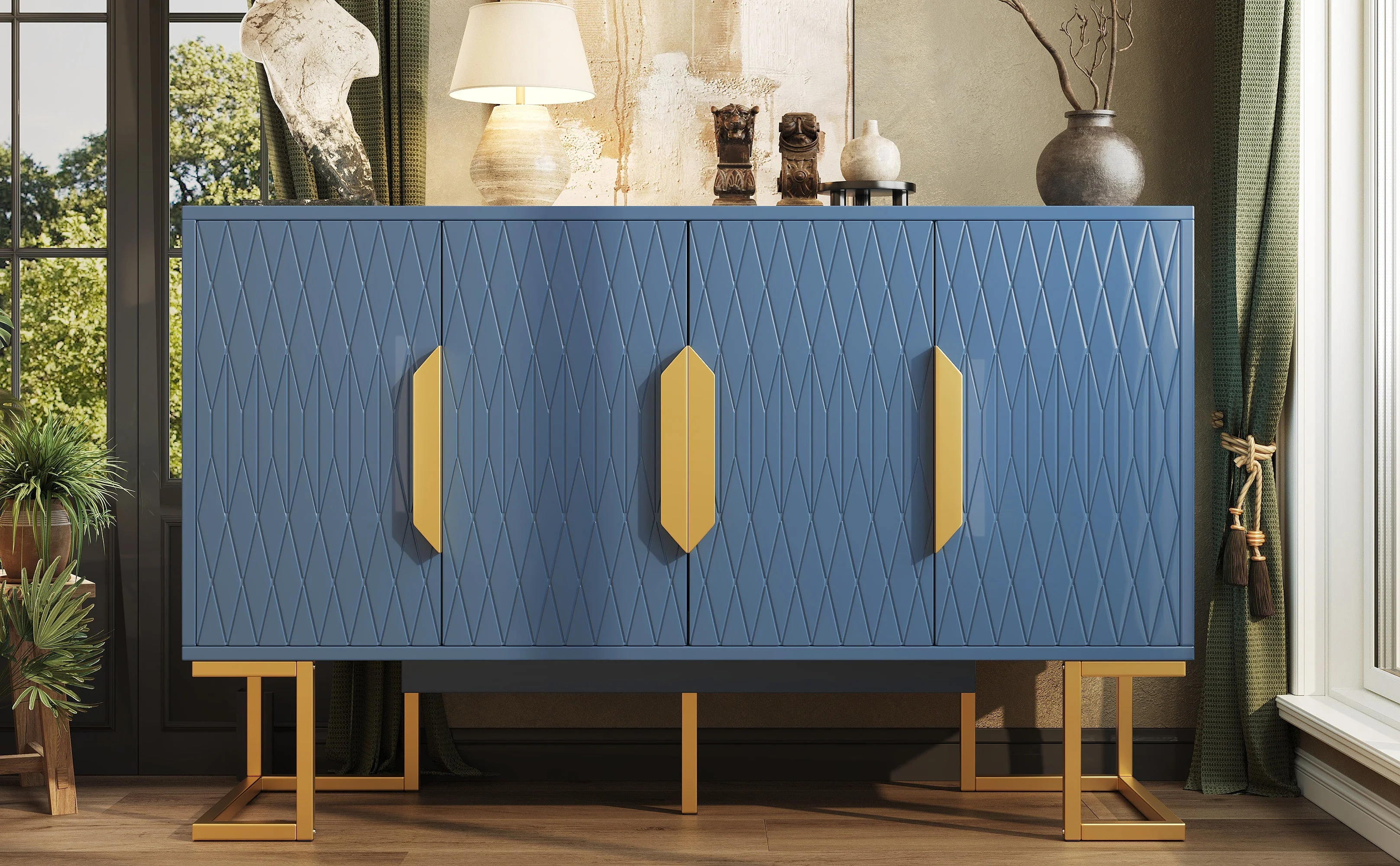 Modern Side Cabinet 140x80cm 4 Doors Adjustable Shelves - Blue/Black - Image 4