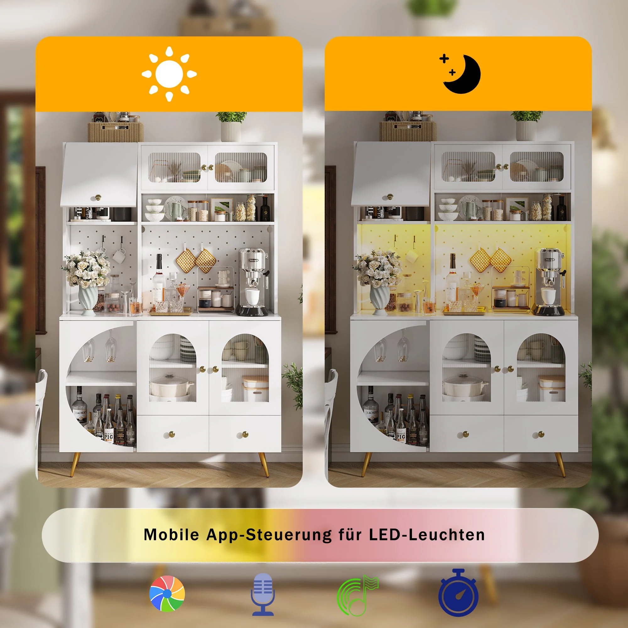 Modern Sideboard and Tall Kitchen Cabinet with LED Lighting, USB Ports and Pegboard, White - Image 9