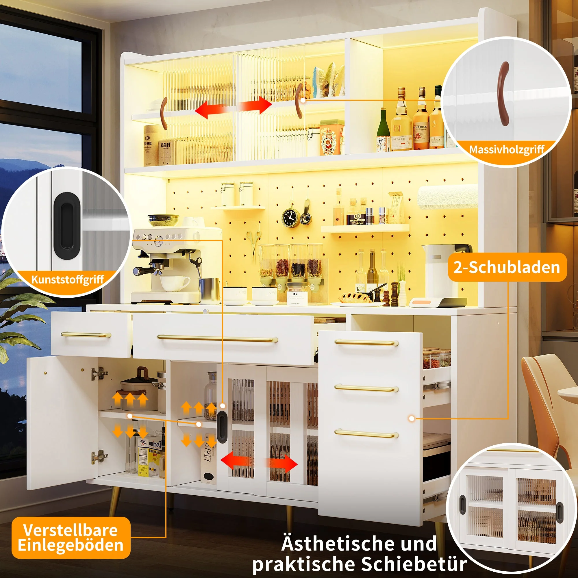 Modern Sideboard Storage Cabinet with LED Lighting and Pegboard, White - Image 10