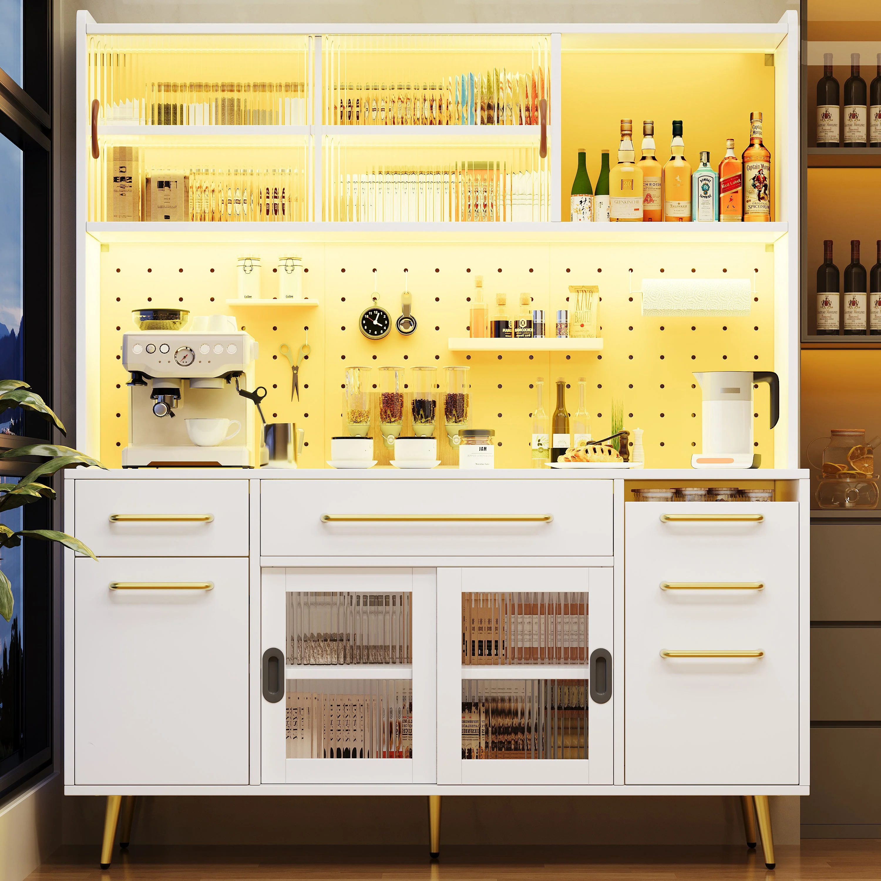 Modern Sideboard Storage Cabinet with LED Lighting and Pegboard, White - Image 5