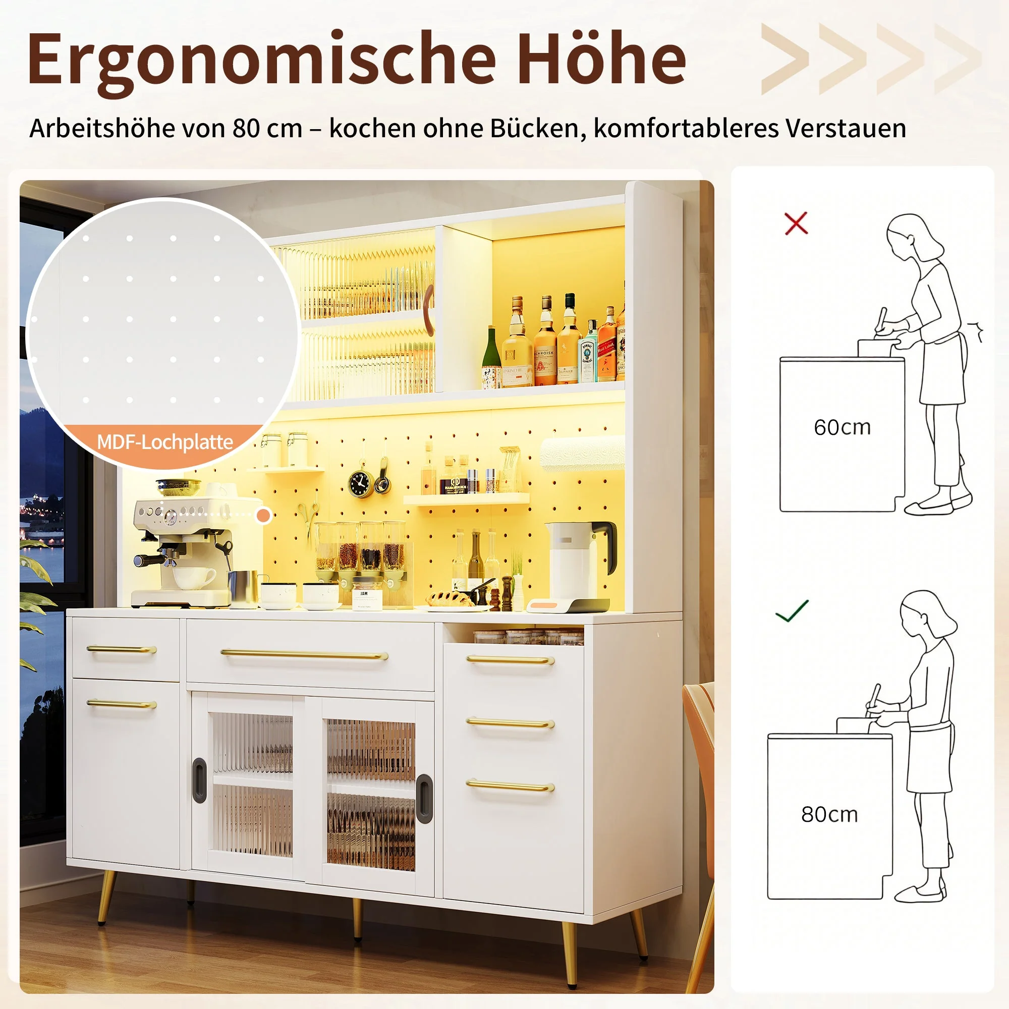 Modern Sideboard Storage Cabinet with LED Lighting and Pegboard, White - Image 8