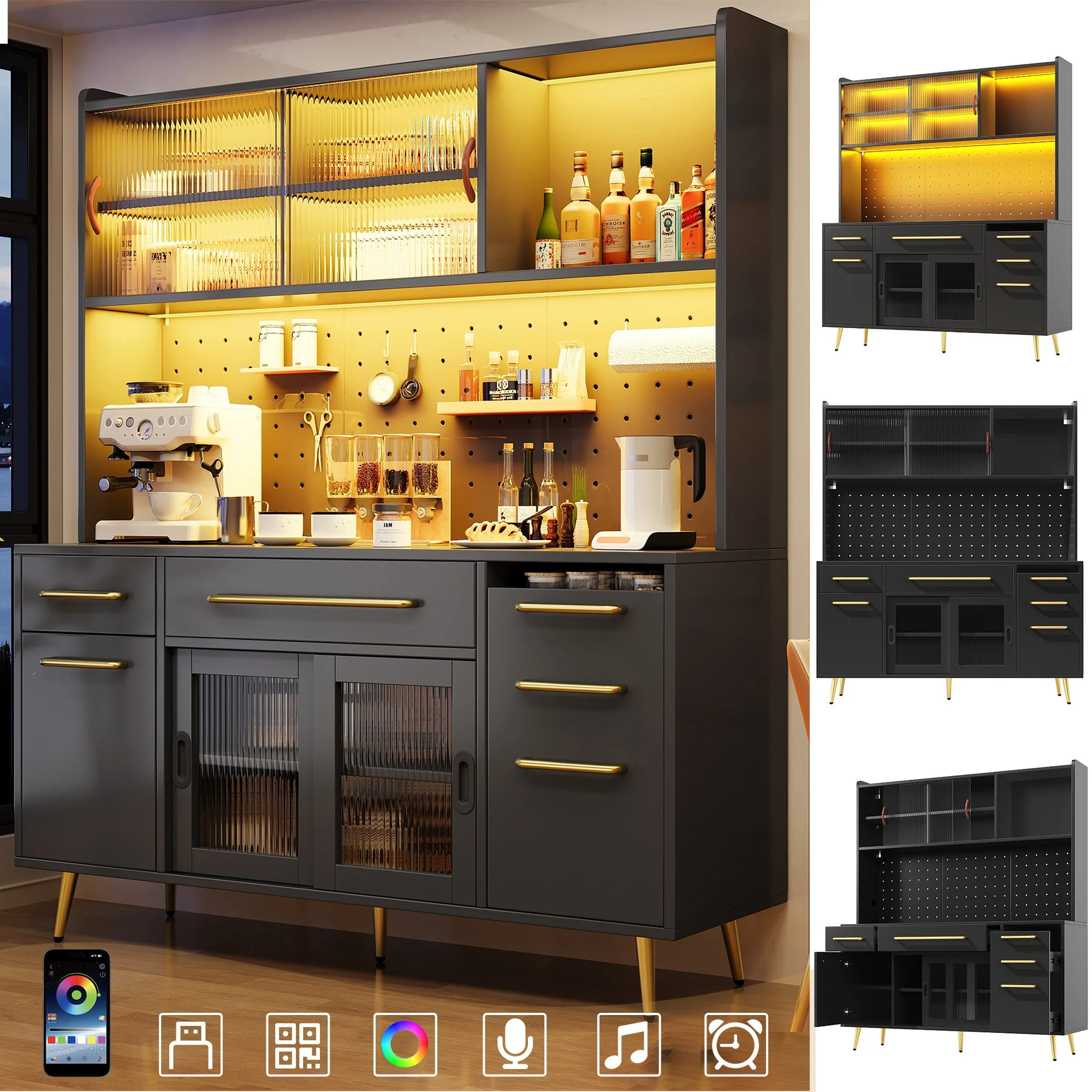 Modern Sideboard Tall Storage Cabinet with LED Lighting and Pegboard, Black