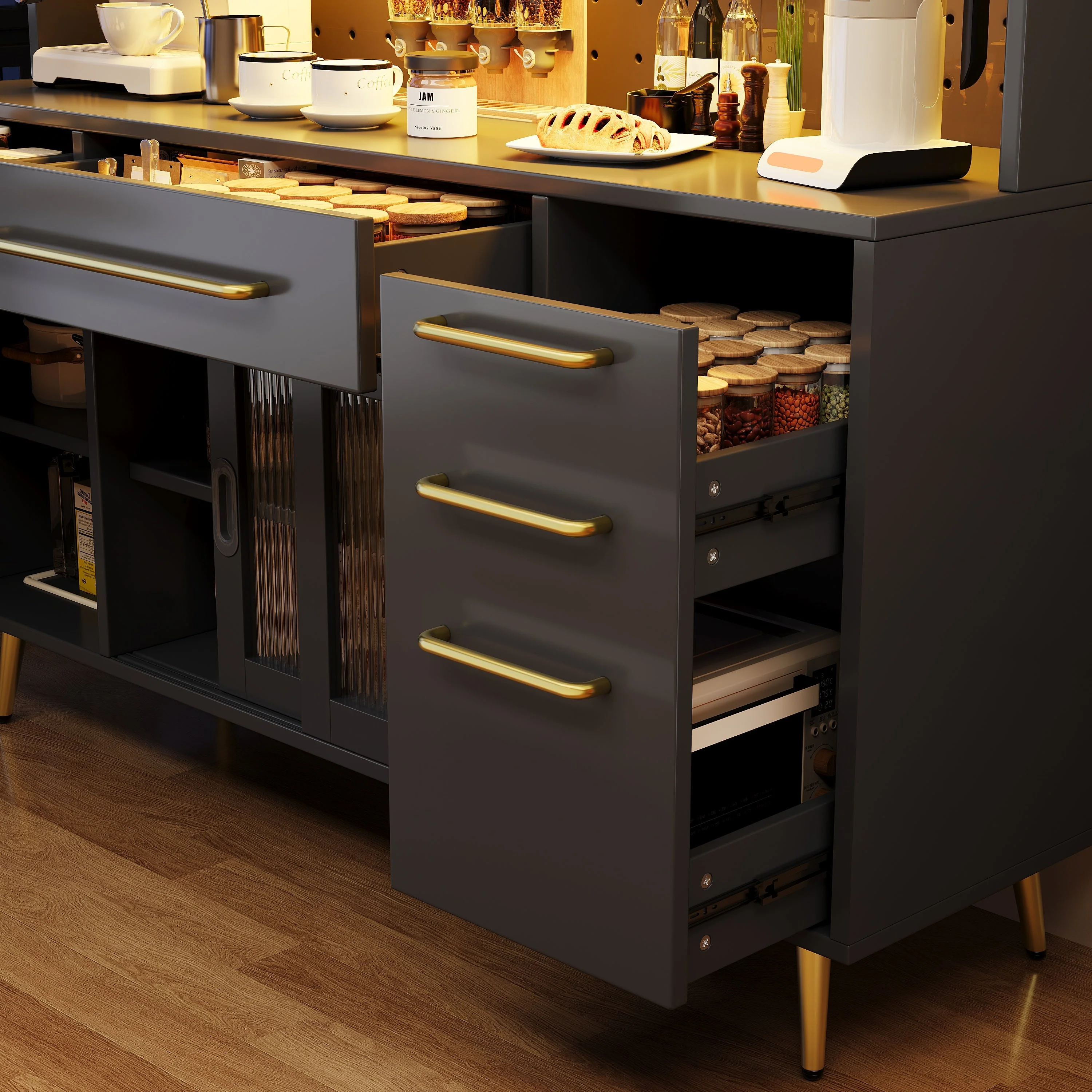 Modern Sideboard Tall Storage Cabinet with LED Lighting and Pegboard, Black - Image 6